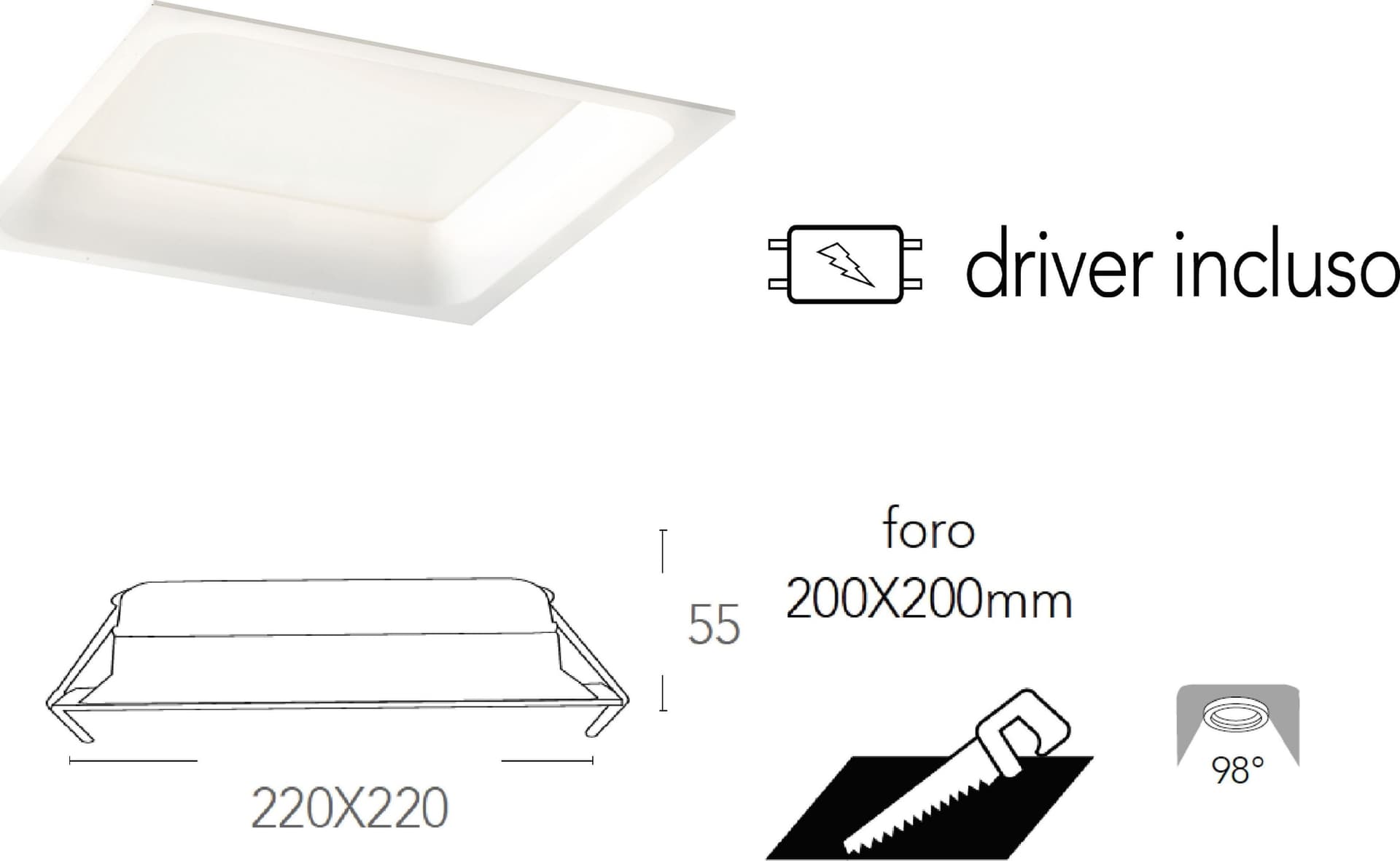 Lampada da incasso quadrata in alluminio bianca pressofuso con Led  SMD integrato 5000K- 2900Lm30W - 2