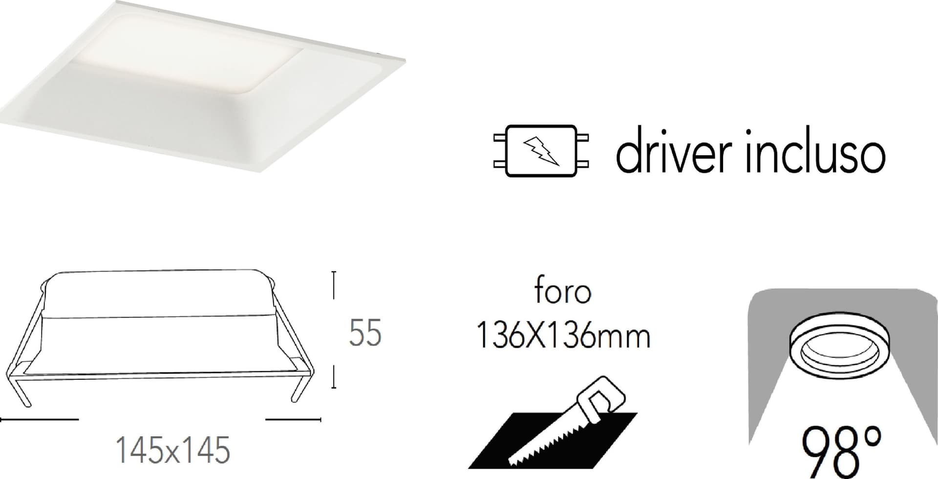Lampada da incasso quadrata in alluminio bianca pressofuso con Led  SMD integrato 3000K- 1500Lm18W - 3