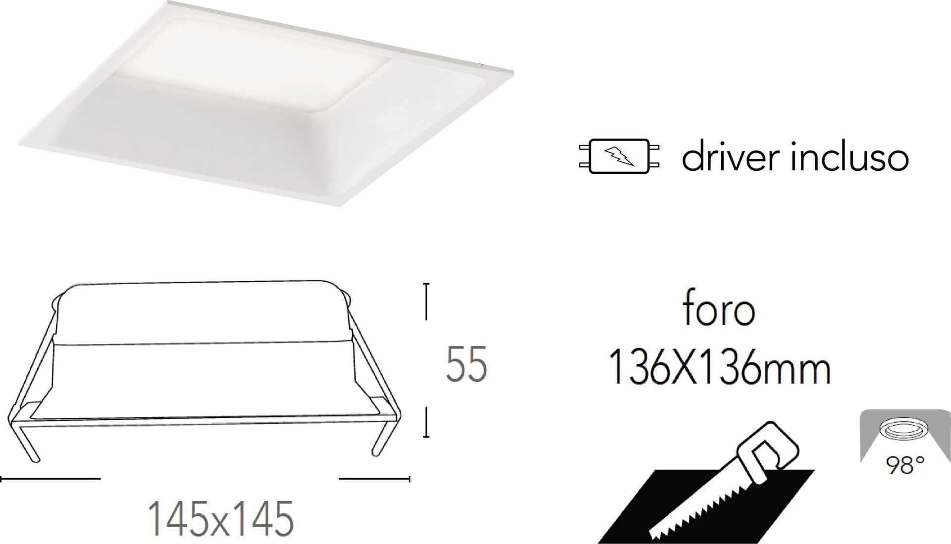Lampada da incasso quadrata in alluminio bianca pressofuso con Led  SMD integrato 5000K- 1600Lm18W - 2