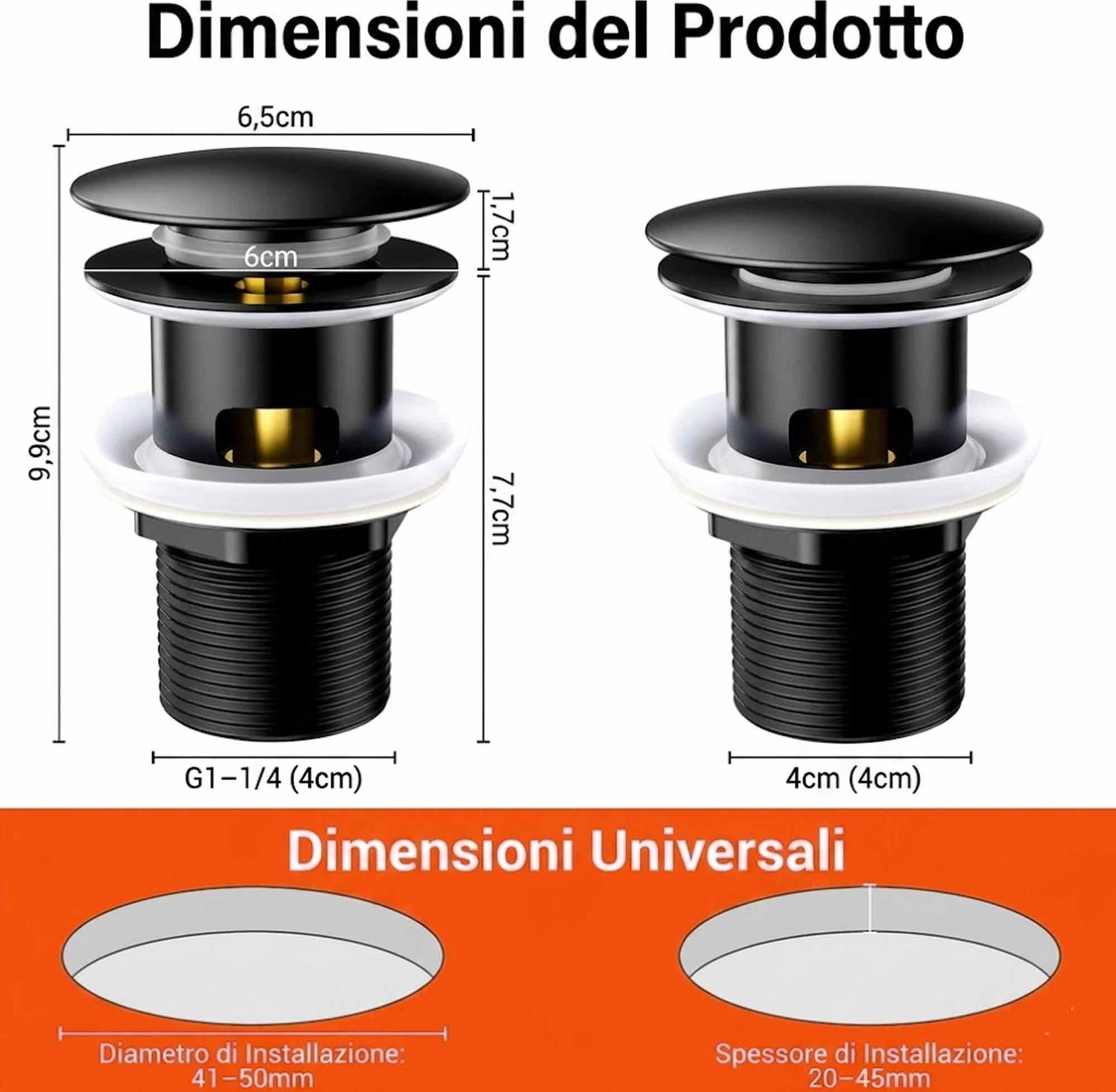 Piletta clic clac nero opaca con troppo pieno - 2