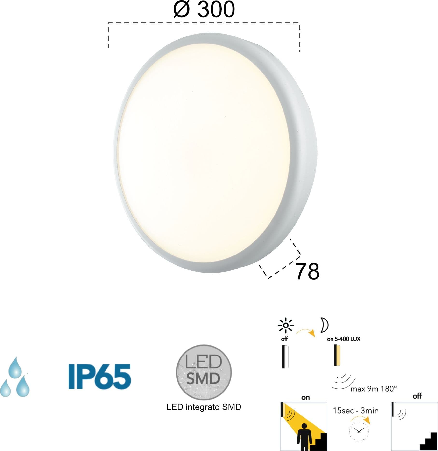 Plafoniera per esterno 30W a led con sensore bianca Meg Sense - 2