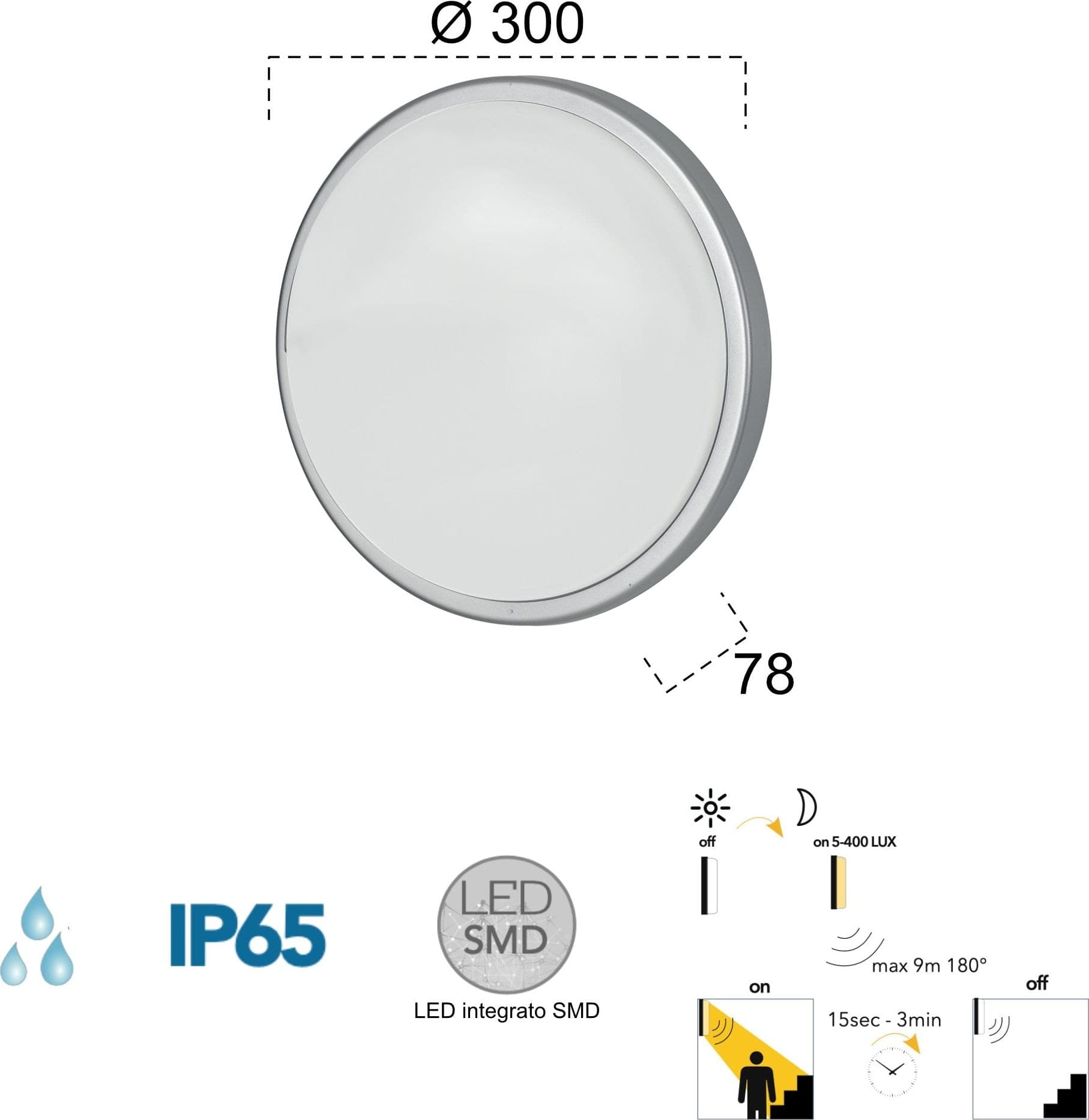 Plafoniera per esterno 30W a led con sensore argento Meg Sense - 2