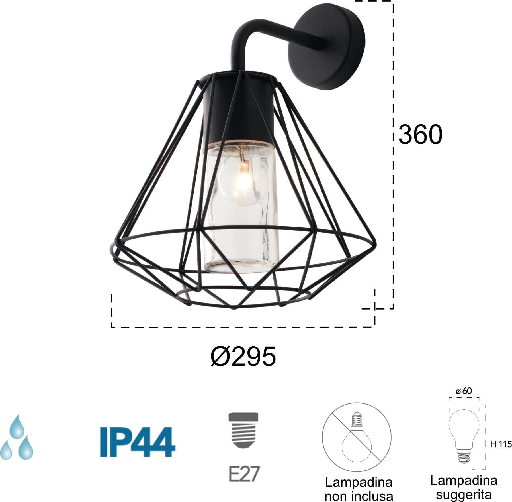 Applique da parete per esterno 60W E27 nera Drax - 2