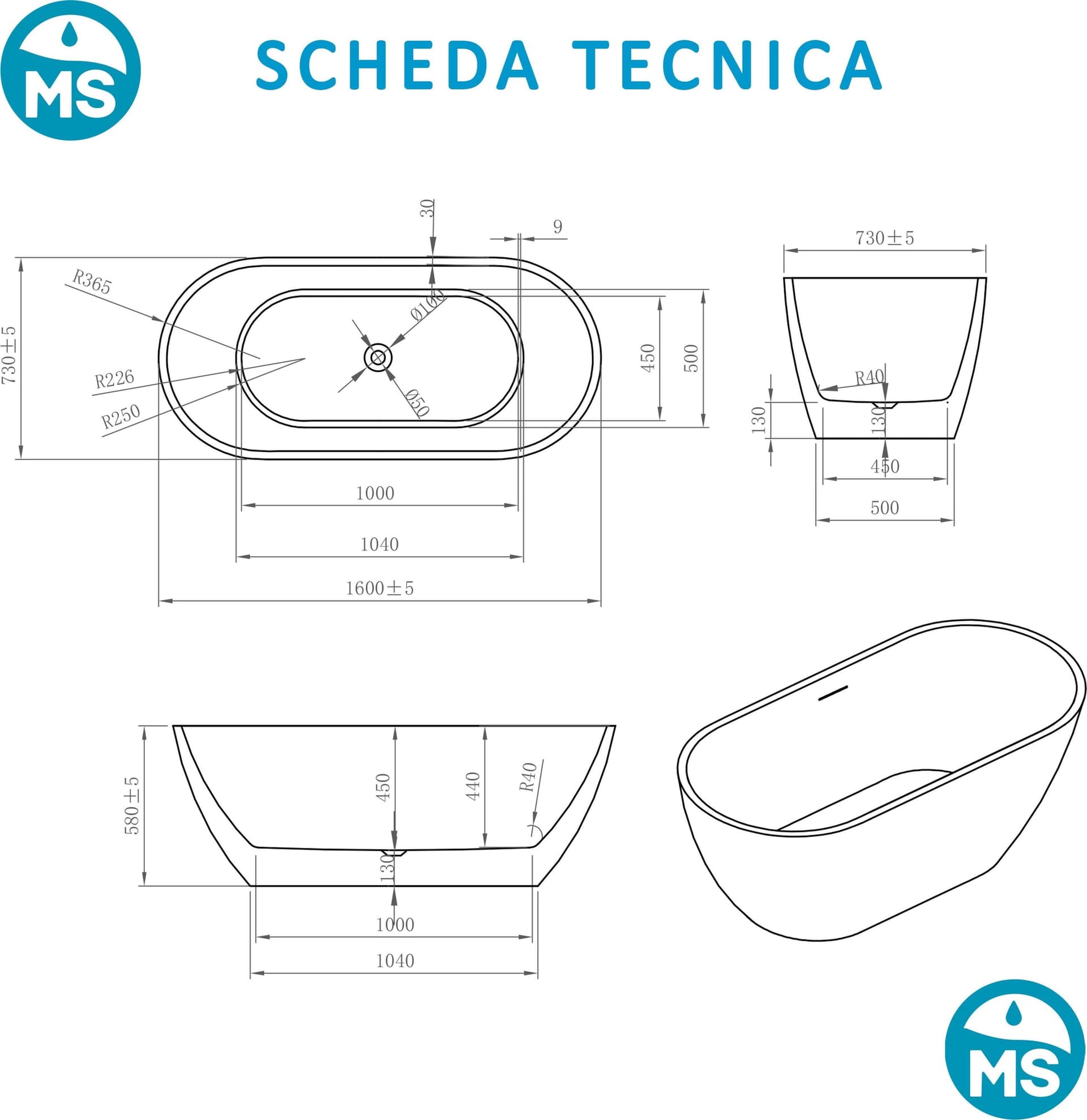 Vasca free standing Bianco opaco 160x73 MOON - 7