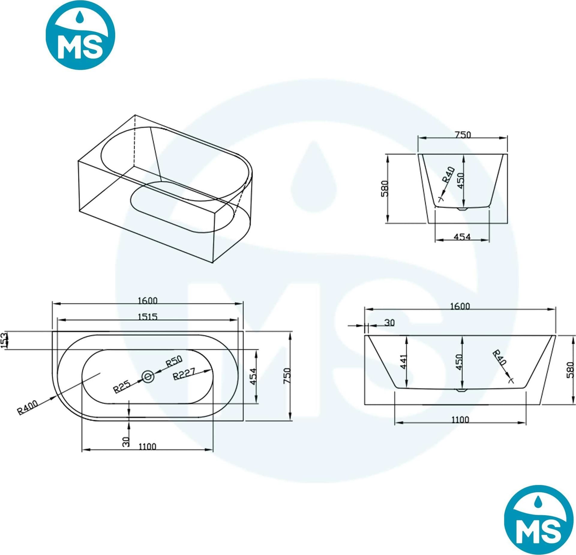 Vasca da Bagno 160x75 da Appoggio ad angolo e Piletta Clic Clac Destra RIVER - 4