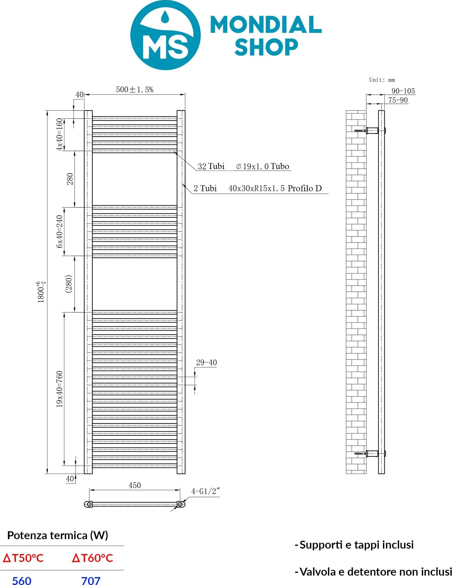 Termoarredo  scaldasalviette Cromato 1800x500 - Interasse 450 mm | SARA - 3