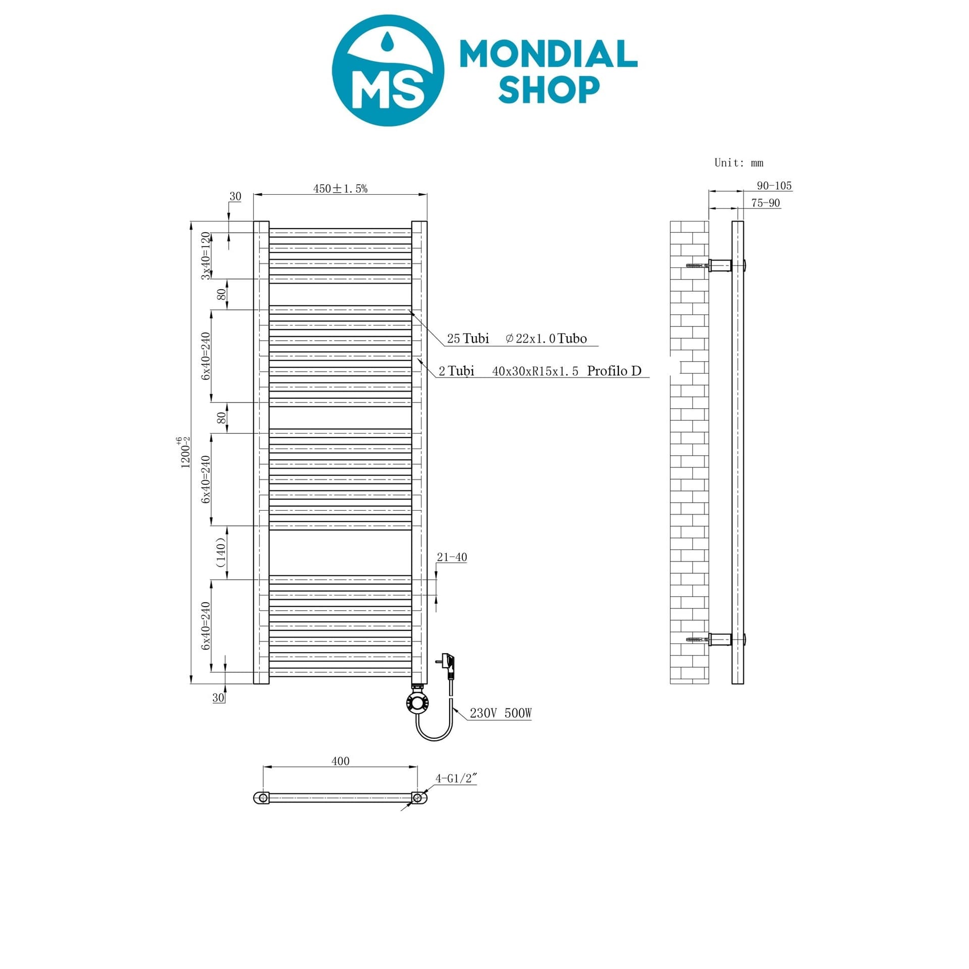 Termoarredo elettrico 1200x450 mm potenza 500W Termostato elettronico - 4