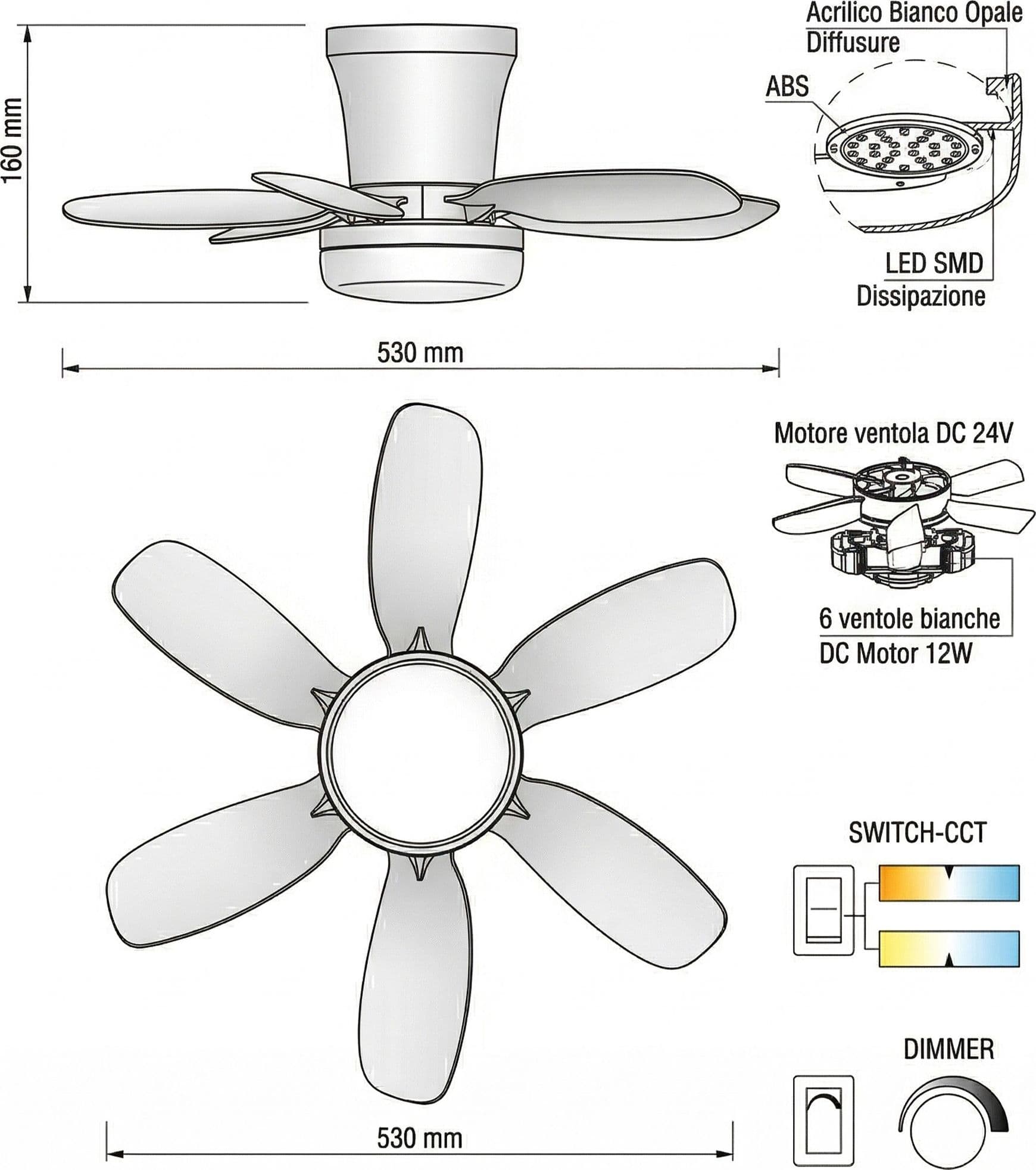 PLAFONIERA LED VENTILATORE WIND BIANCO 10W 1100LM CCT DIMM CON TELECOMANDO IR 16X53CM - 6
