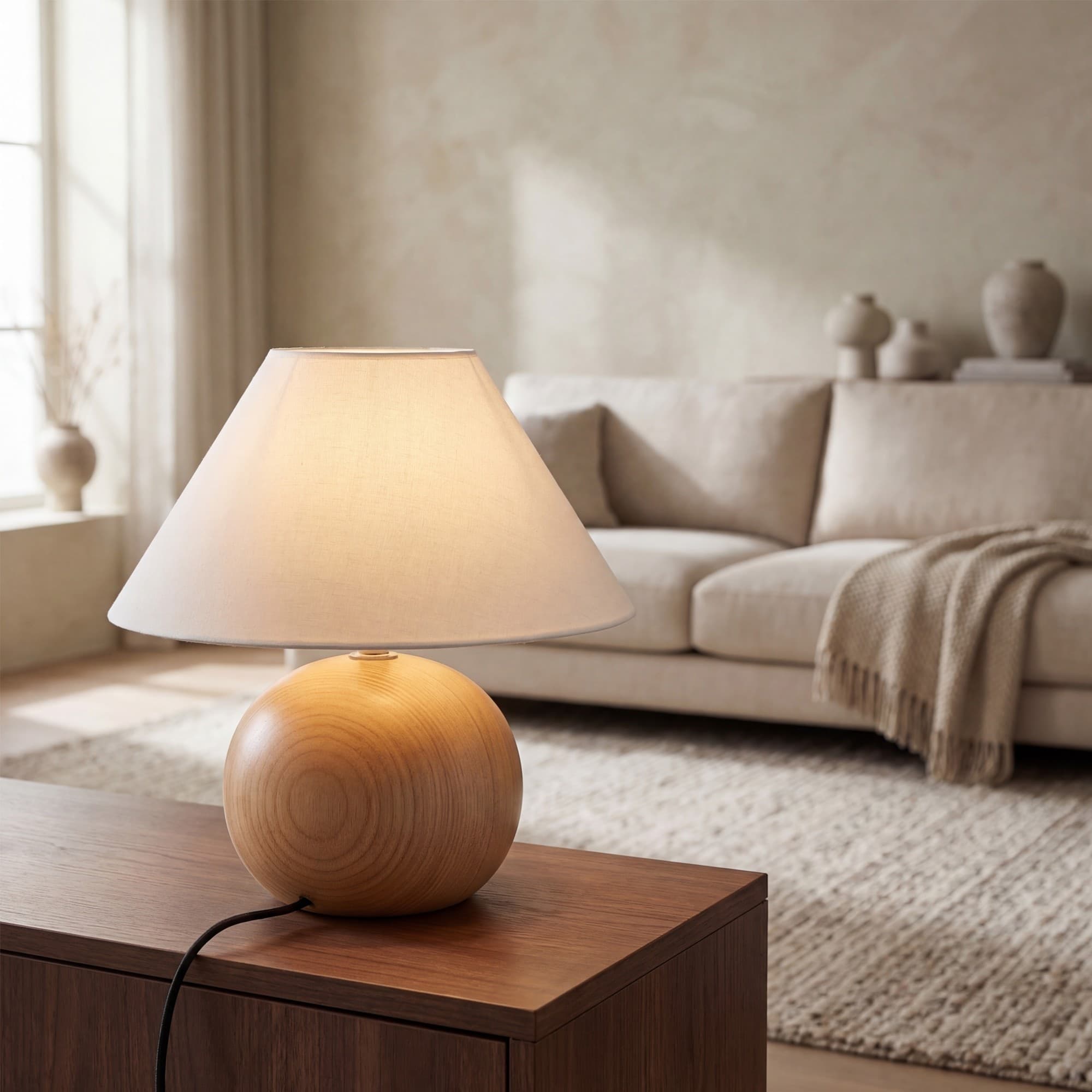 Lampada da tavolo o comodino in Rovere o Pino con paralume in tessuto bianco 1XE14