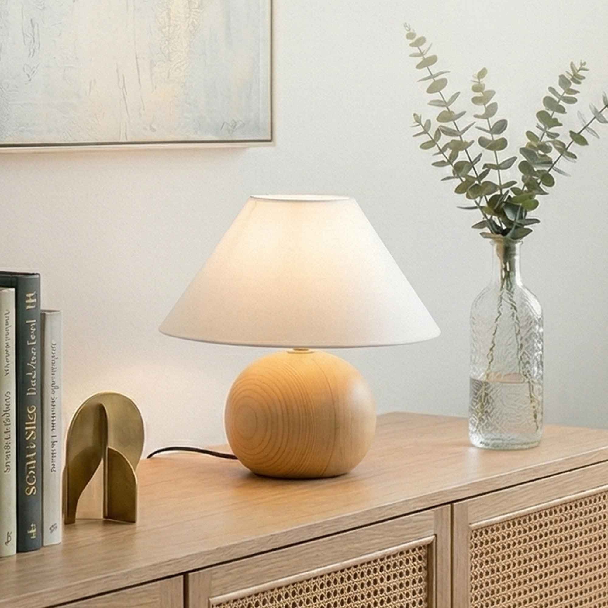 Lampada da tavolo o comodino in Rovere o Pino con paralume in tessuto bianco 1XE14 - 2