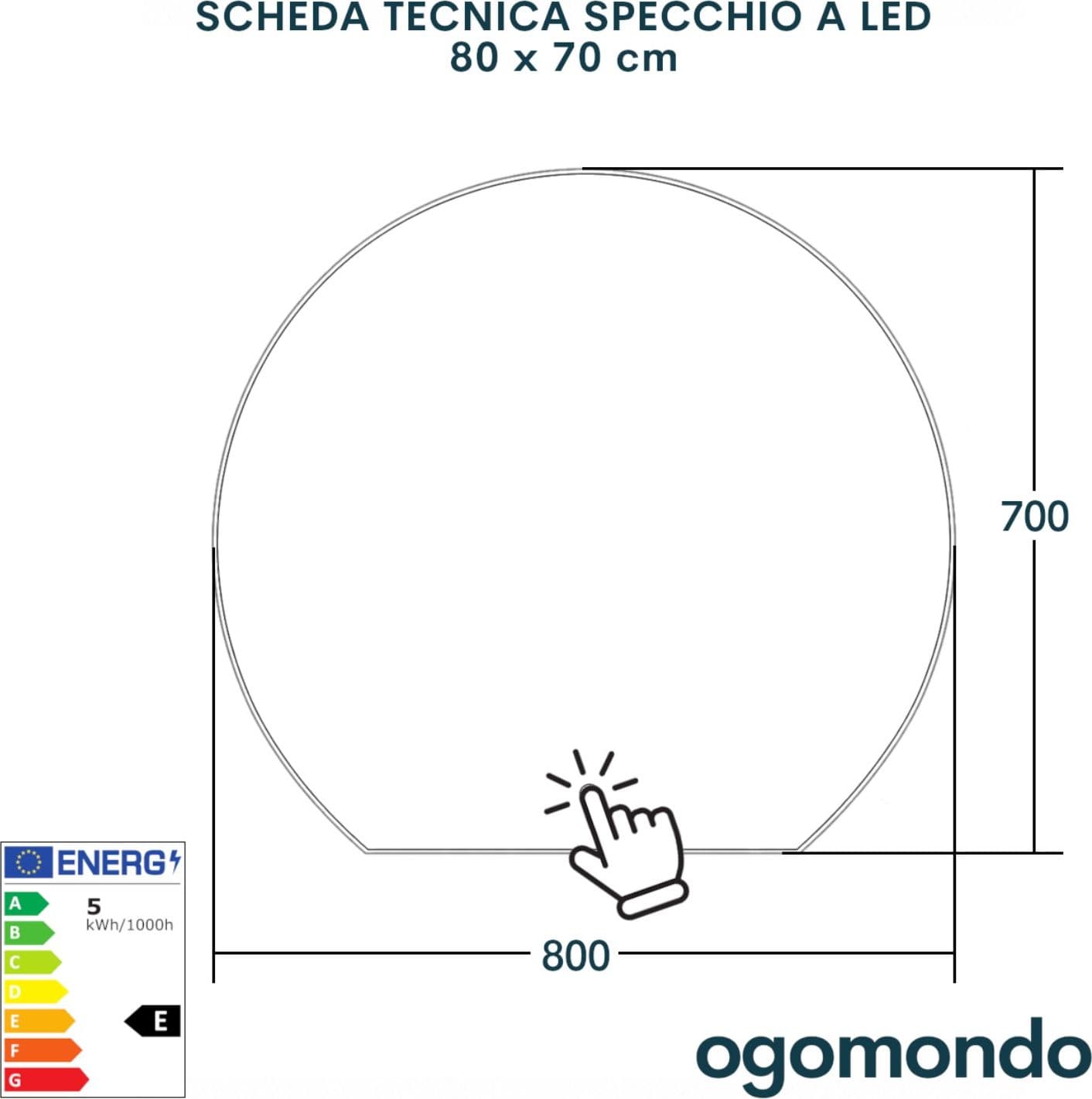 Specchio 5 mm Tondo Retroilluminato a filo Led Interruttore Touch - 6