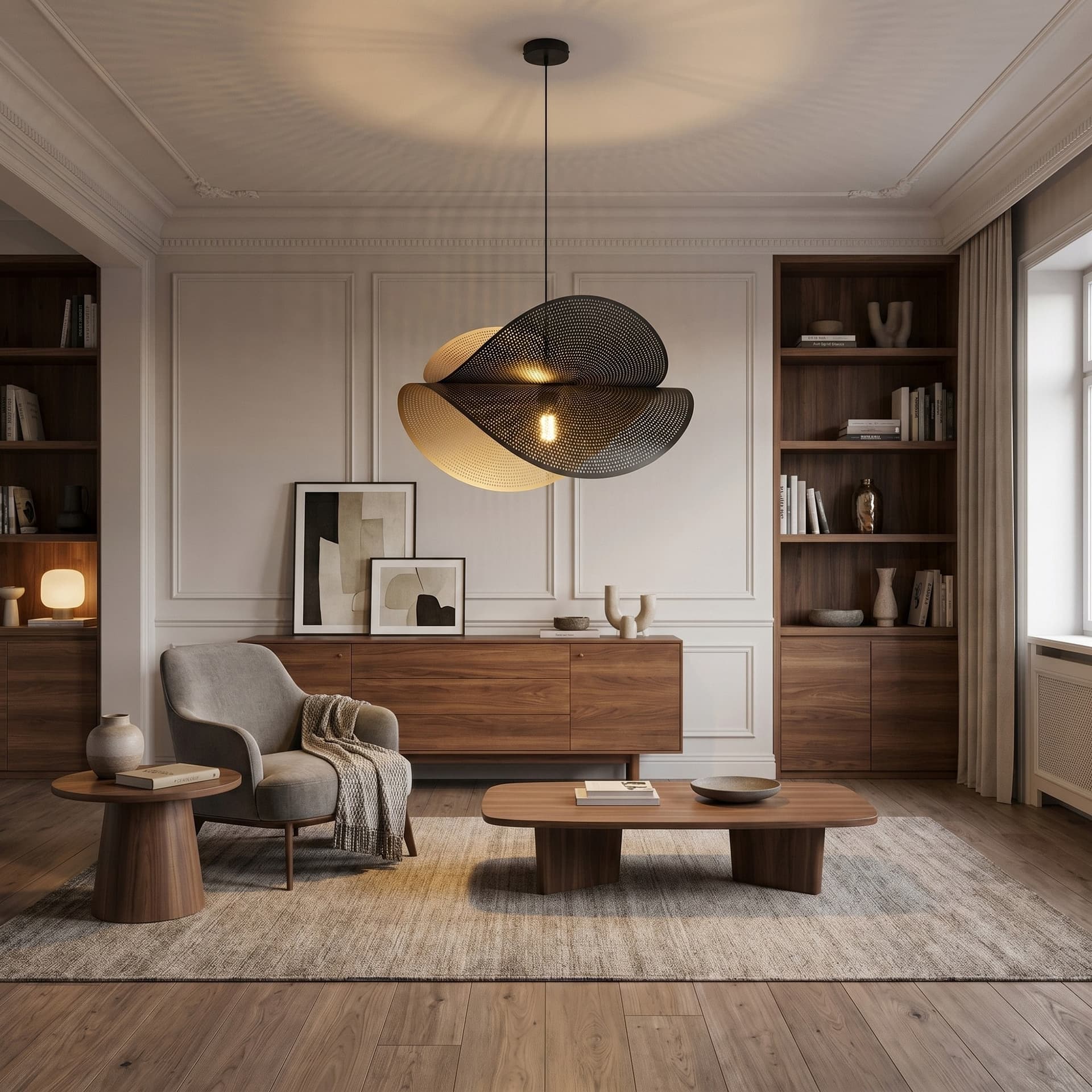 Sospensione moderna Struttura nera con Interno oro Doppio diffusore scenografico 1XE27 - 2