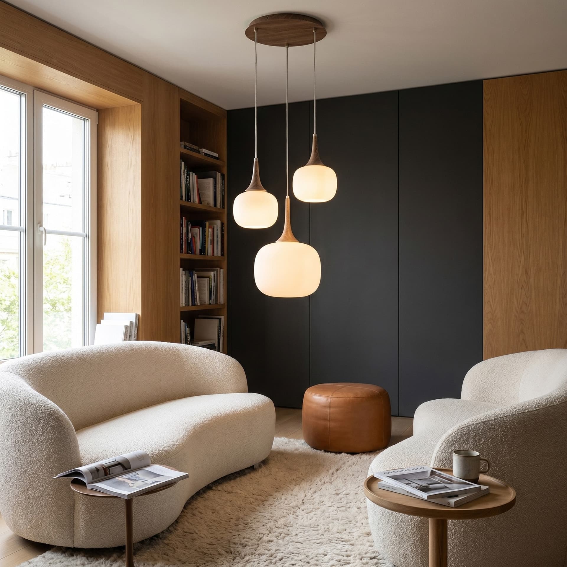 Lampadario a Sospensione Bianco o grigio con Dettagli in legno e metallo 3XE27+E14 - 1