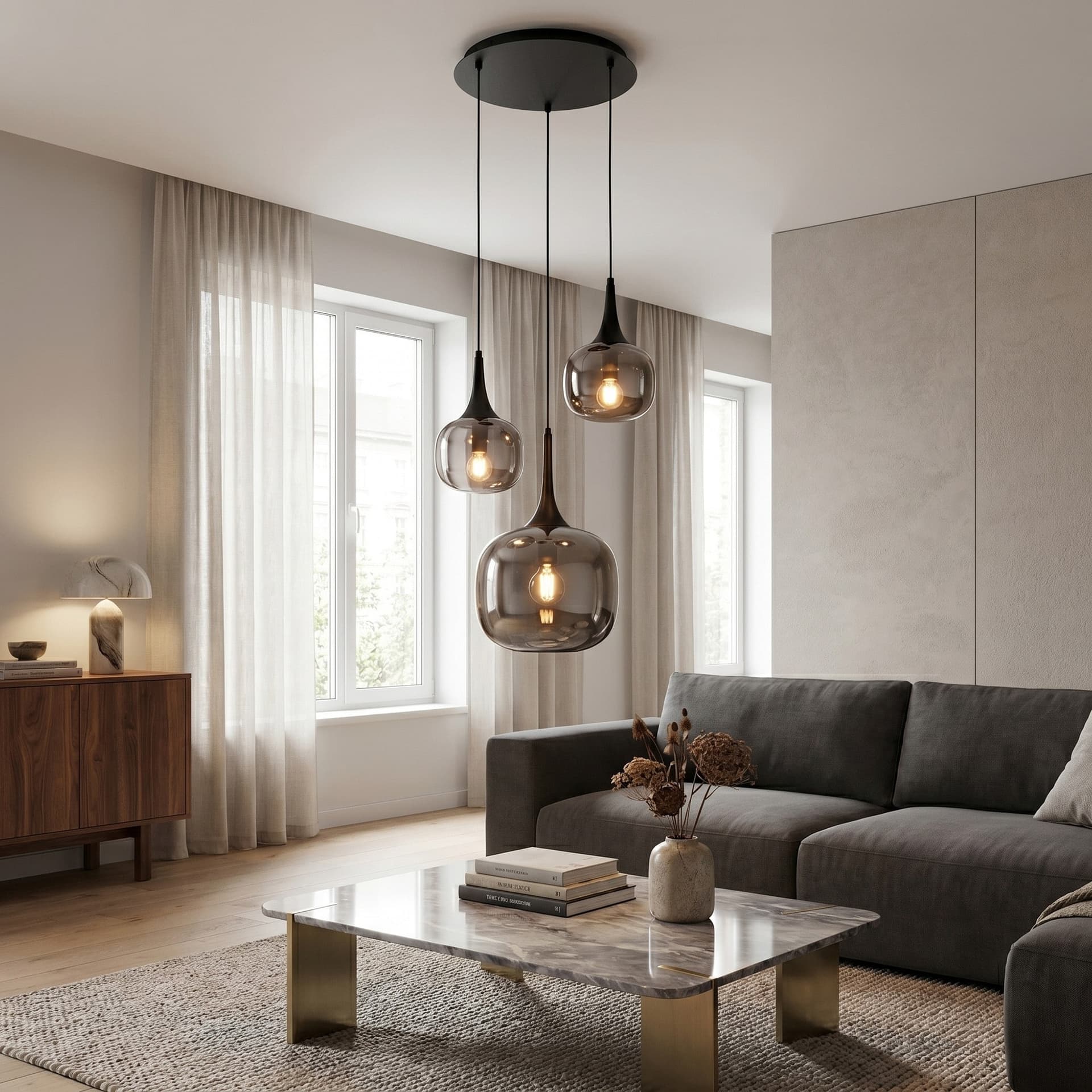 Lampadario a Sospensione Bianco o grigio con Dettagli in legno e metallo 3XE27+E14 - 6