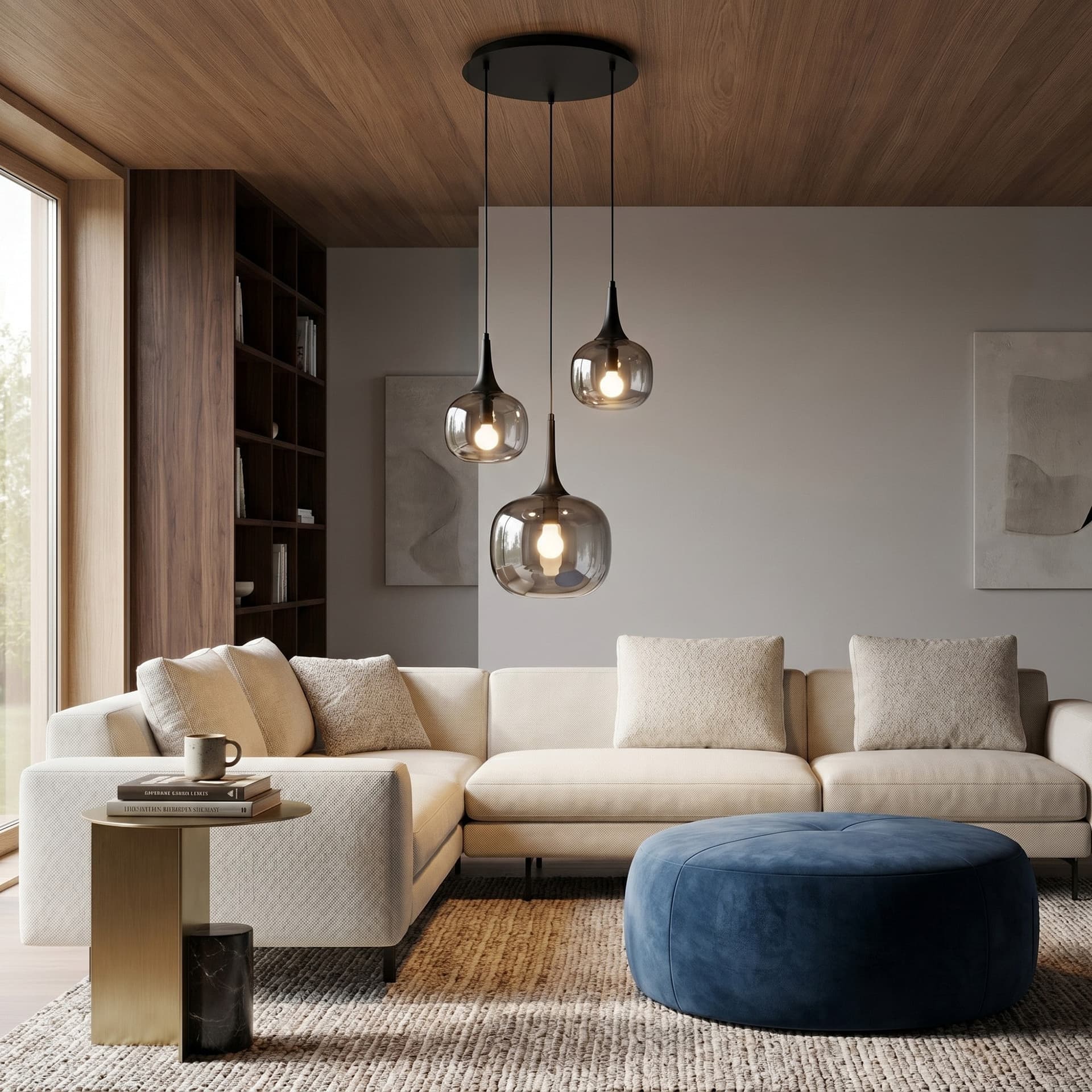 Lampadario a Sospensione Bianco o grigio con Dettagli in legno e metallo 3XE27+E14 - 7