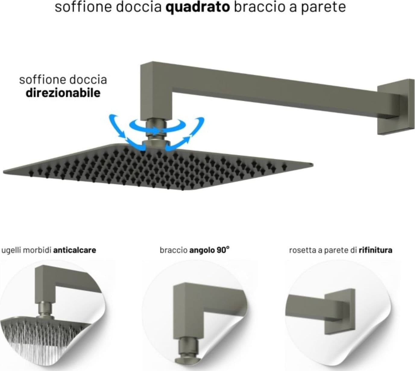 Set Per Doccia Soffione Quadro In Acciaio Inox 25x25 Millimetri Canna Di Fucile - 3