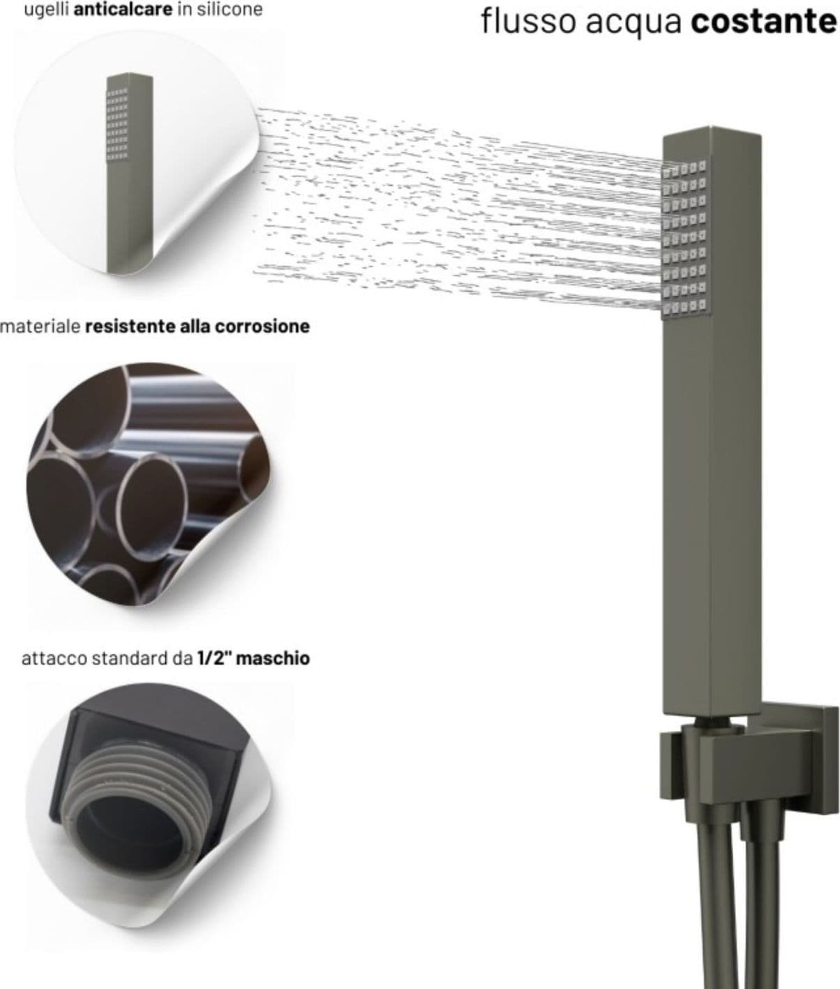 Set Per Doccia Soffione Quadro In Acciaio Inox 25x25 Millimetri Canna Di Fucile - 5
