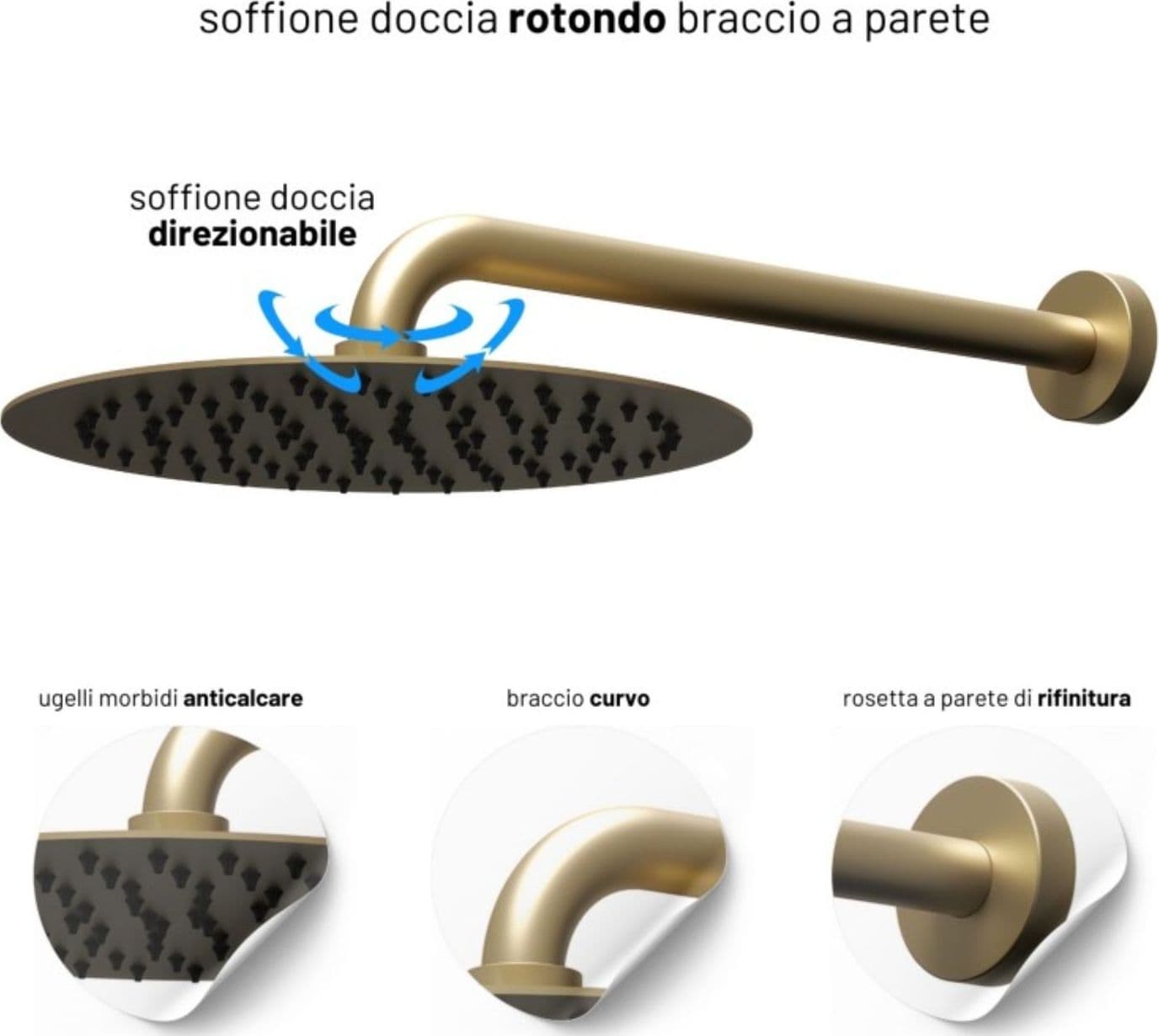 Set Per Doccia Soffione Tondo In Acciaio Inox 250 Millimetri Finitura Oro - 3