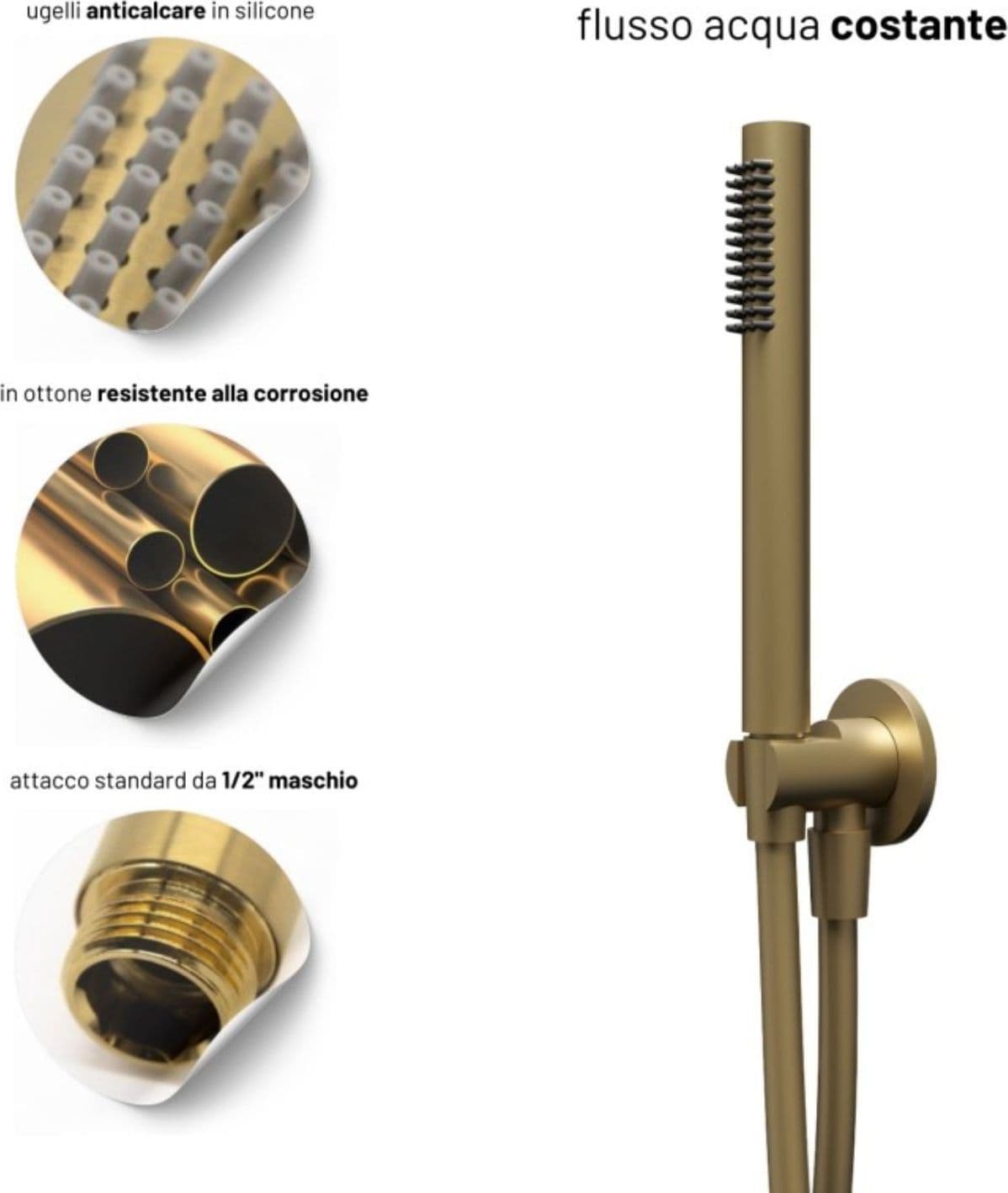 Set Per Doccia Soffione Tondo In Acciaio Inox 250 Millimetri Finitura Oro - 4