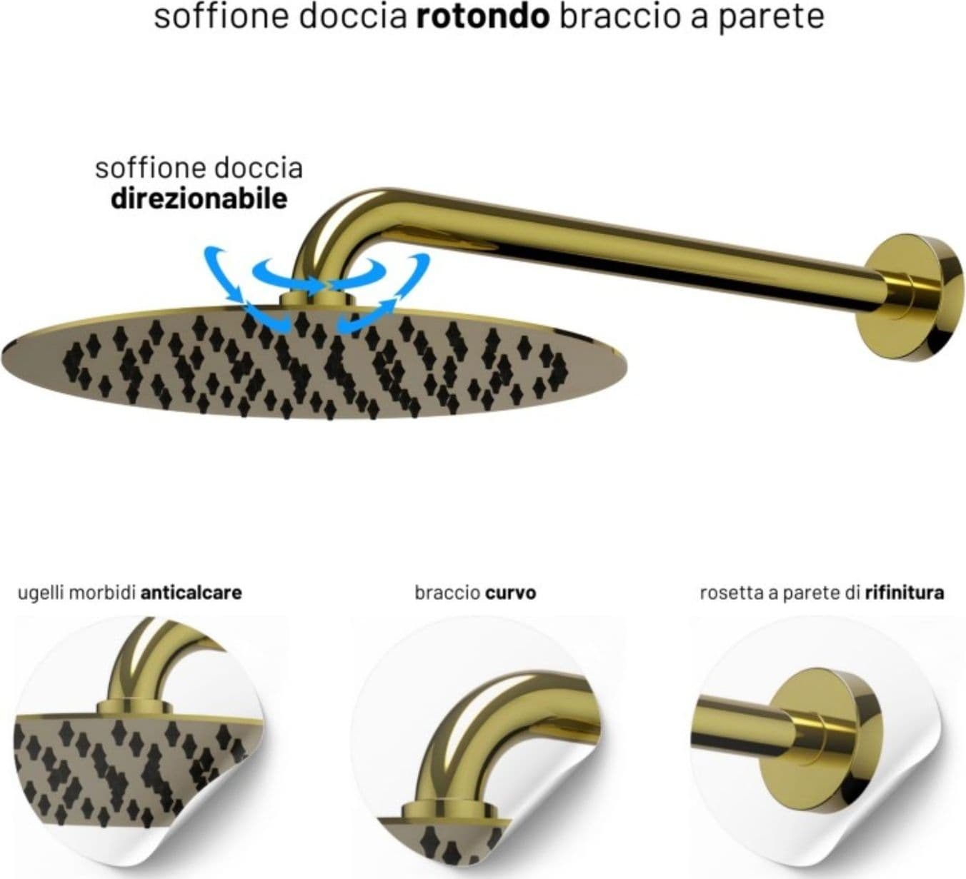 Set Per Doccia Soffione Tondo In Acciaio Inox 250 Millimetri Finitura Oro - 10