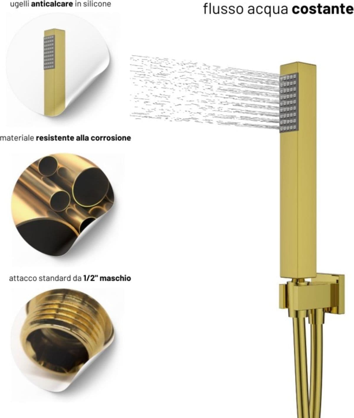Set Per Doccia Soffione Quadro In Acciaio Inox 25x25 Millimetri Color Oro - 12