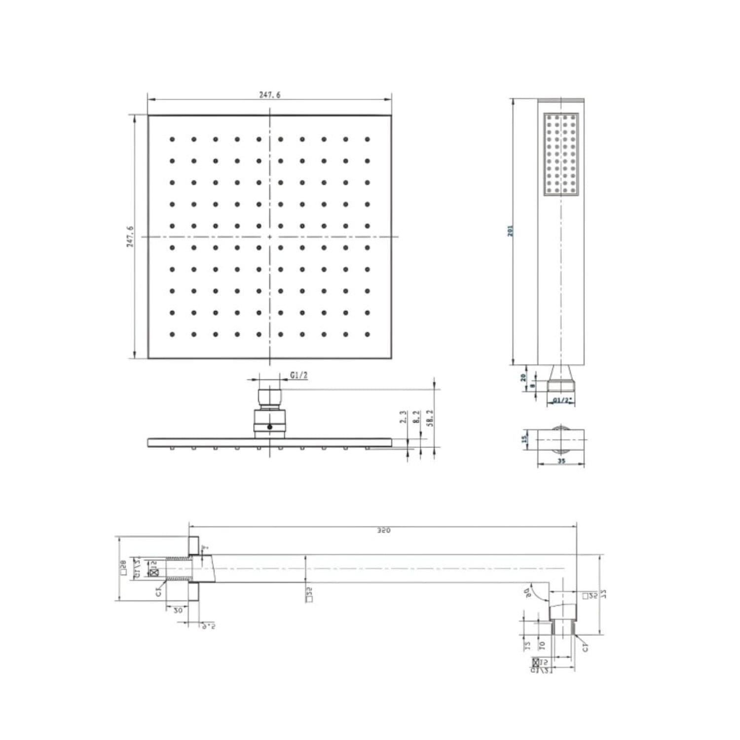 Set Per Doccia Soffione Quadro In Acciaio Inox 25x25 Millimetri Color Oro - 13