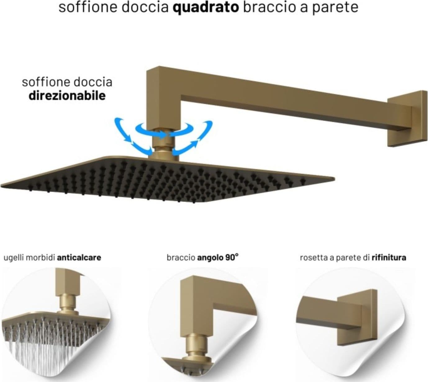 Set Per Doccia Soffione Quadro In Acciaio Inox 25x25 Millimetri Color Oro - 3