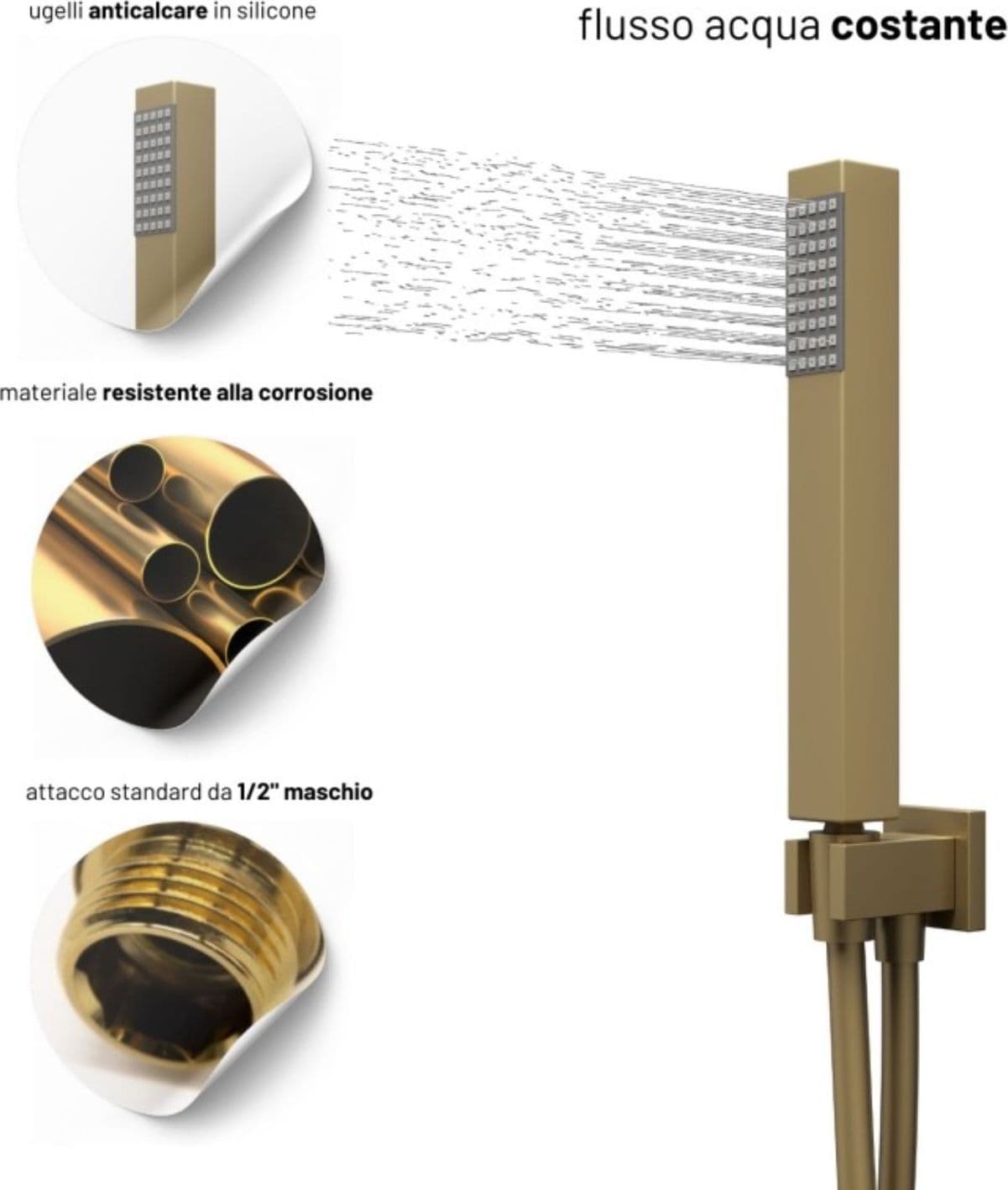 Set Per Doccia Soffione Quadro In Acciaio Inox 25x25 Millimetri Color Oro - 6