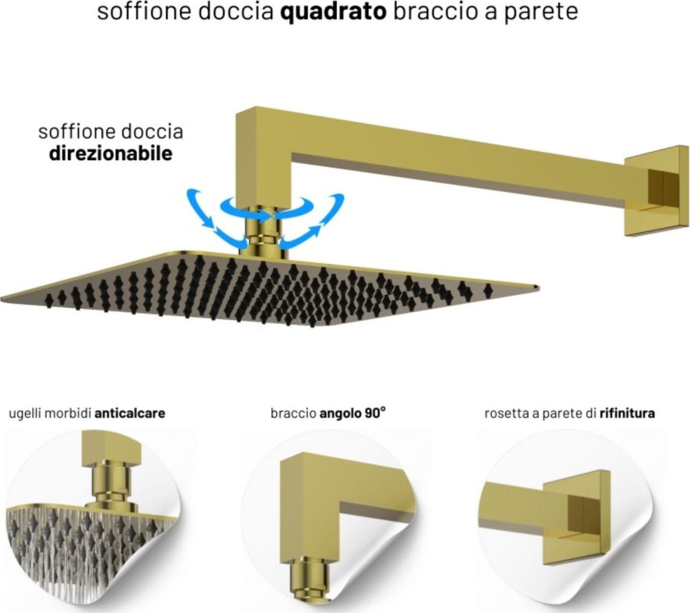 Set Per Doccia Soffione Quadro In Acciaio Inox 25x25 Millimetri Color Oro - 10