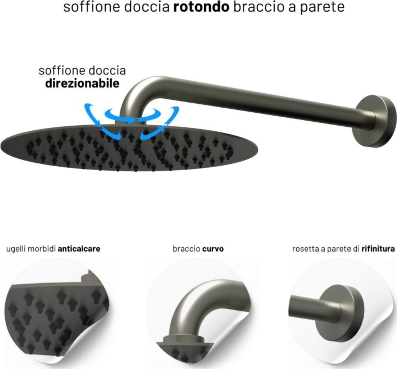 Set Per Doccia Soffione Tondo In Acciaio Inox 250 Millimetri Canna Di Fucile - 4