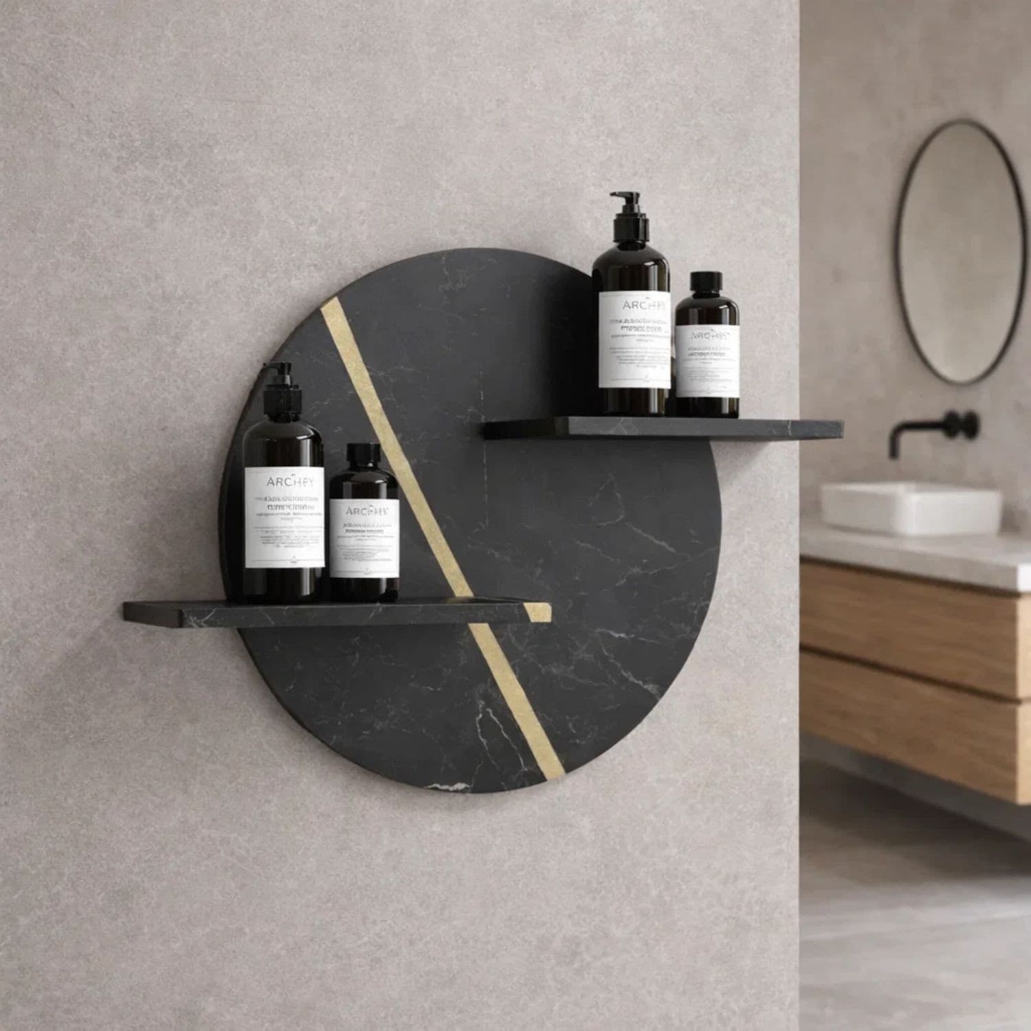 Mensola A Parete In Artificial Stone Nero e Nocciola Venato Per Bagni Serie Jorm - 3