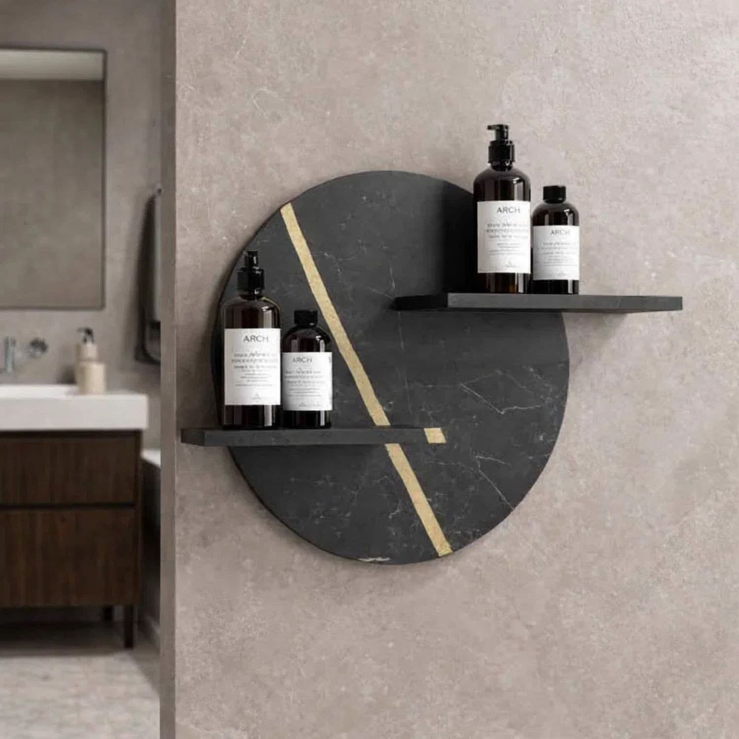 Mensola A Parete In Artificial Stone Nero e Nocciola Venato Per Bagni Serie Jorm - 4