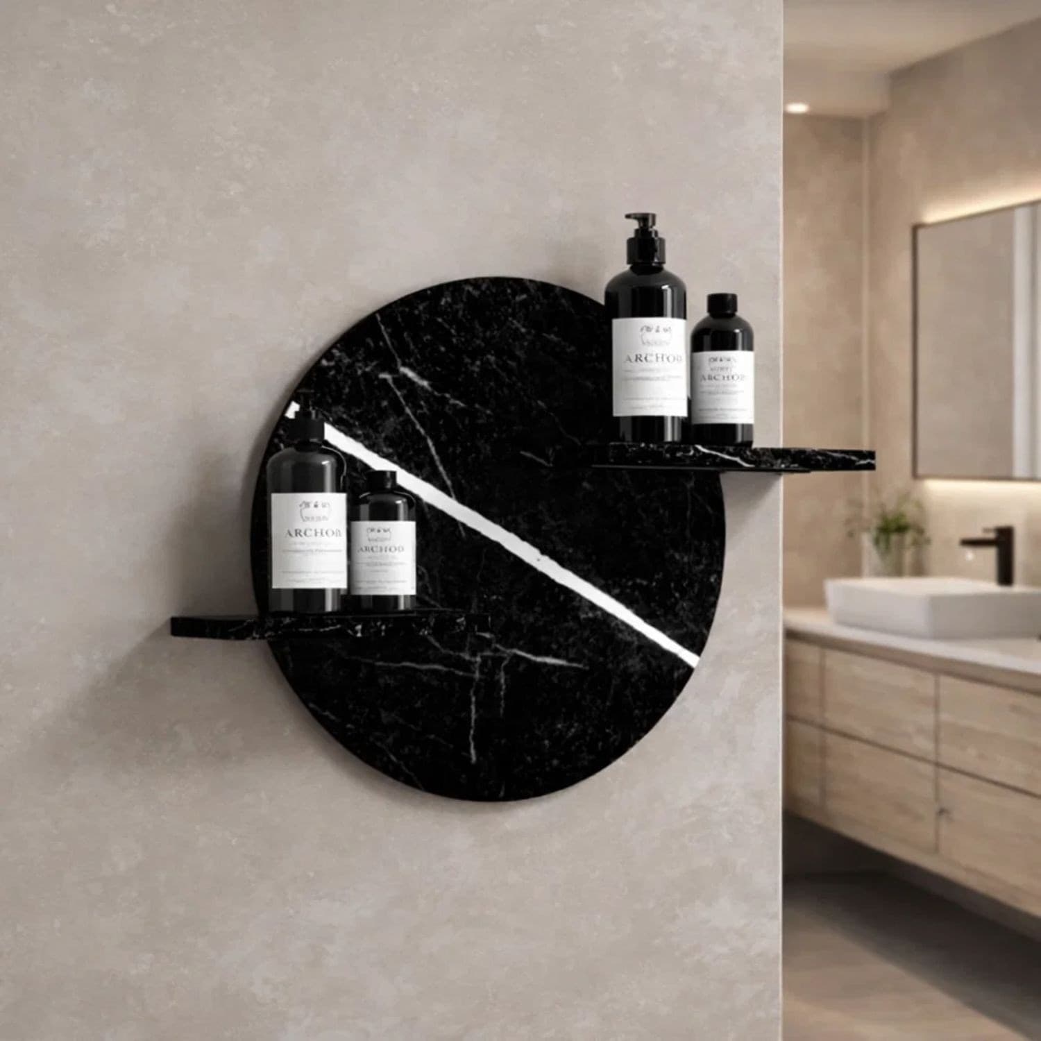 Mensola A Parete In Artificial Stone Nero e Bianco Venato Per Bagni Serie Jorm - 3