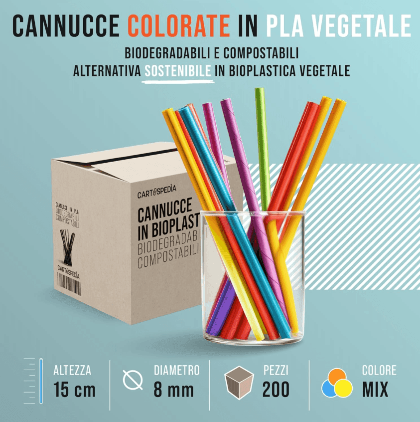 Cartospedia – Cannucce Cocktail Compostabili, Colorate Larghe Ø 8 mm, Lunghe 15 cm - Cannucce per Bubble Tea, Feste, Bar - CPLA - 2