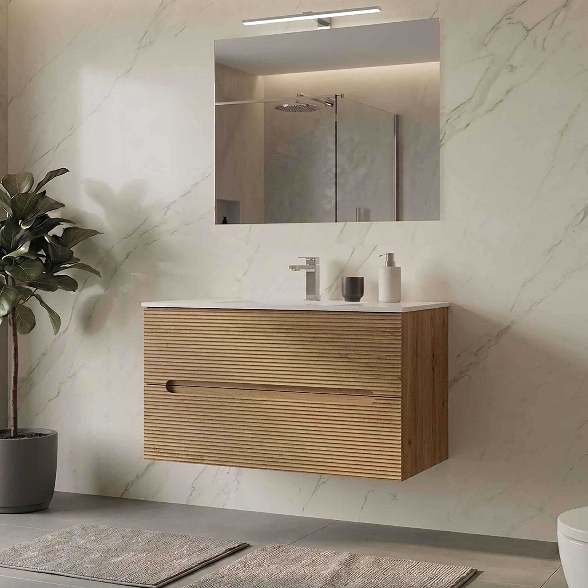 Mobile cannettato con lavandino ceramico Specchio e Lampada Rovere 60 80 100 - 13