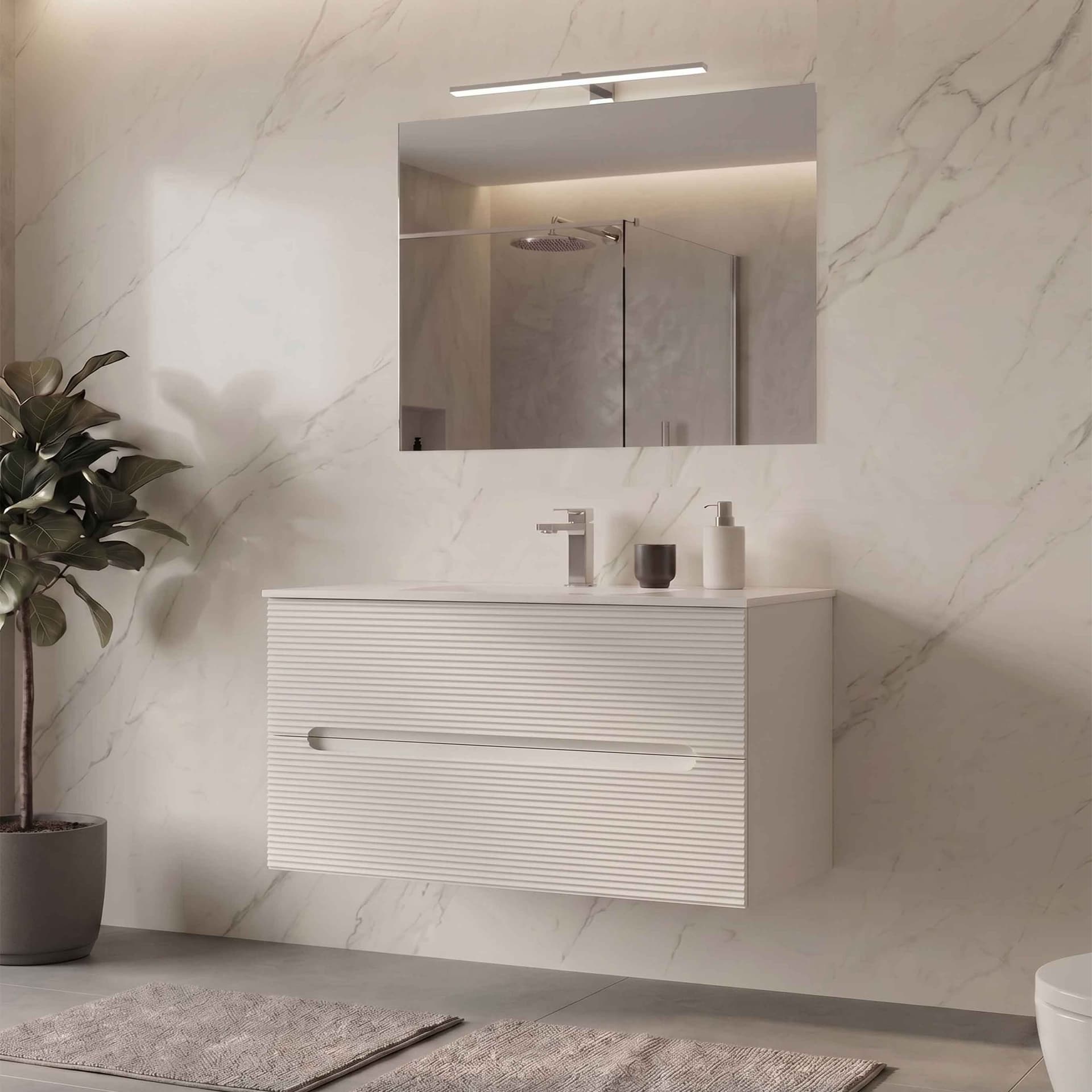 Mobile cannettato con lavandino ceramico Specchio e Lampada - Bianco 60 80 100 - 13