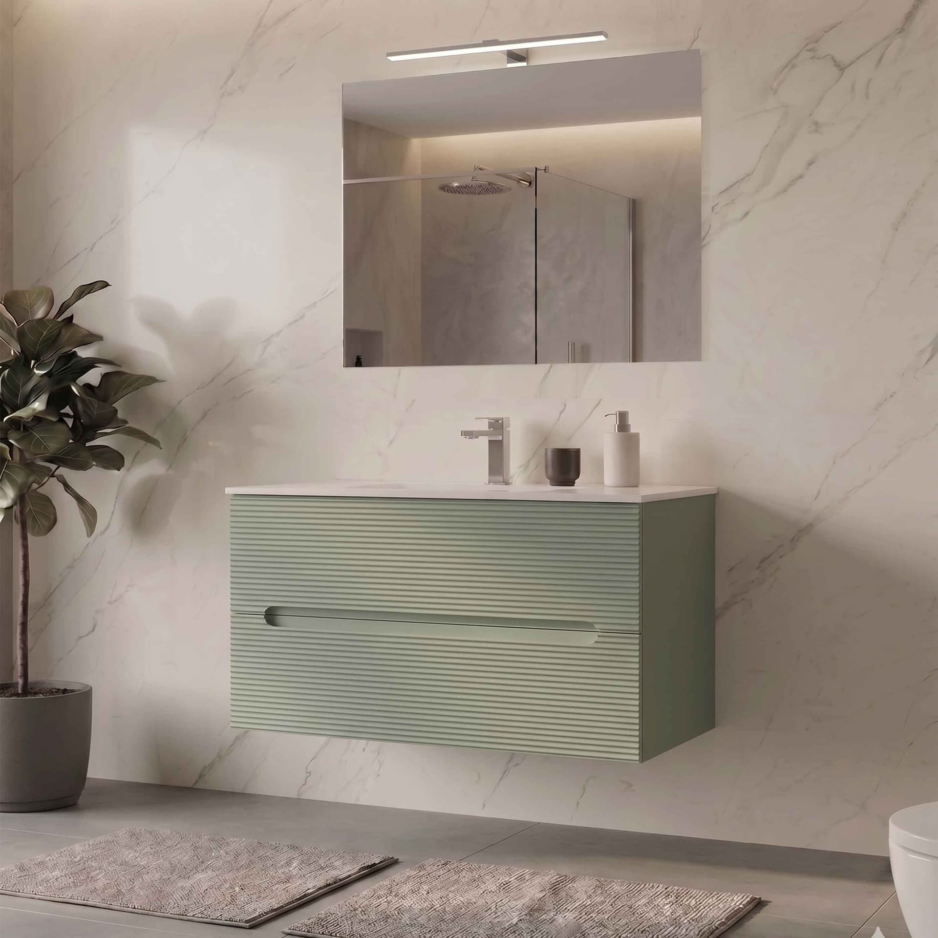 Mobile cannettato con lavandino ceramico Specchio e Lampada - Salvia 60 80 100 - 13