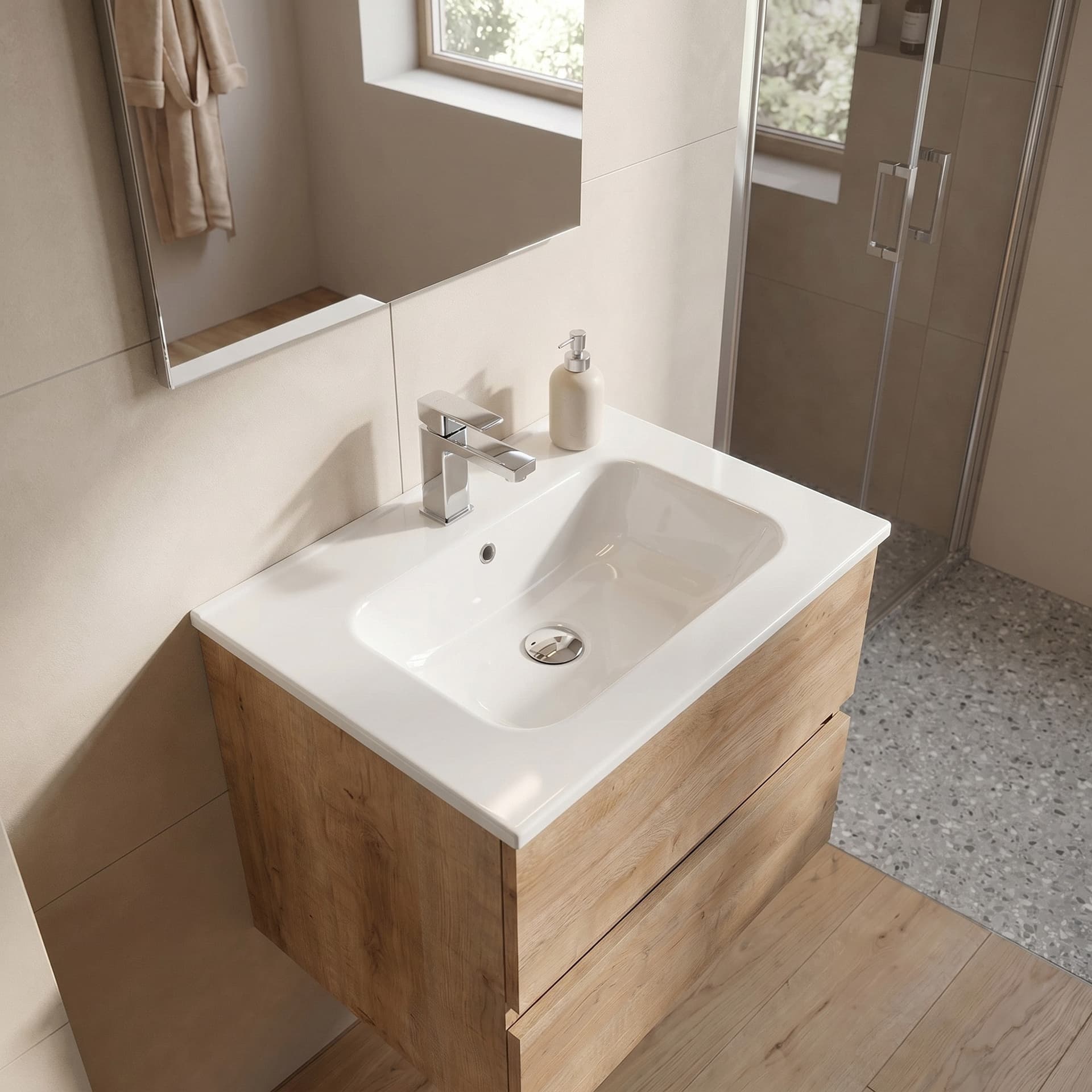 Mobile bagno sospeso Specchio e Lampada Rovere 60 80 100 Krea - 2