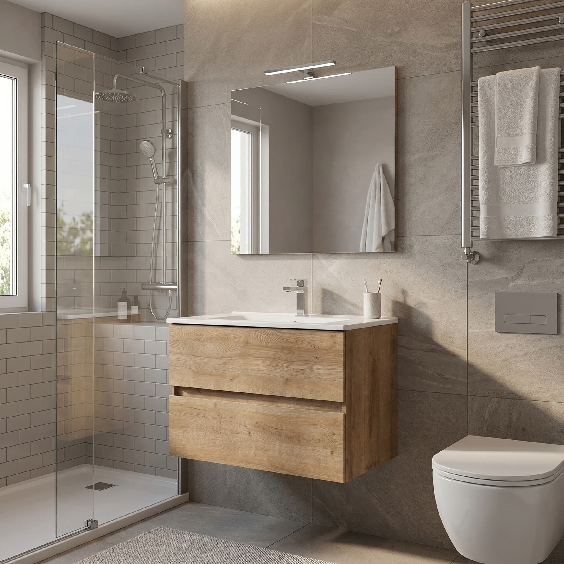 Mobile bagno sospeso Specchio e Lampada Rovere 60 80 100 Krea - 3