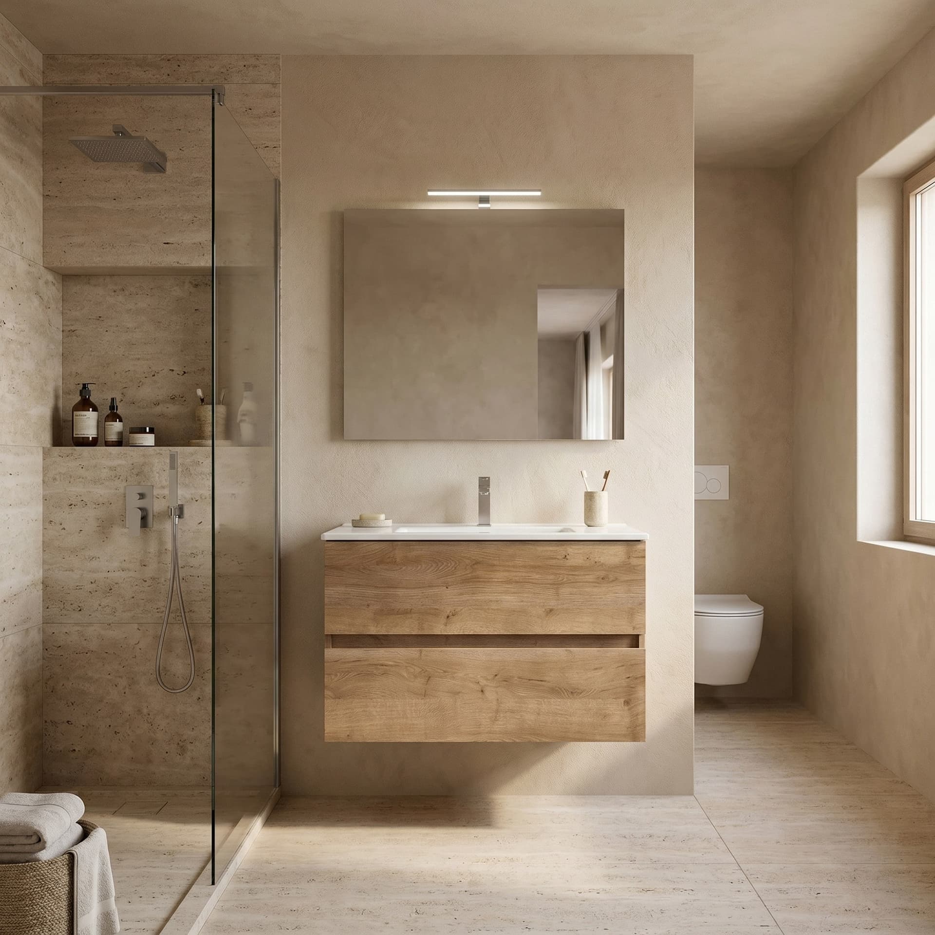 Mobile bagno sospeso Specchio e Lampada Rovere 60 80 100 Krea - 5
