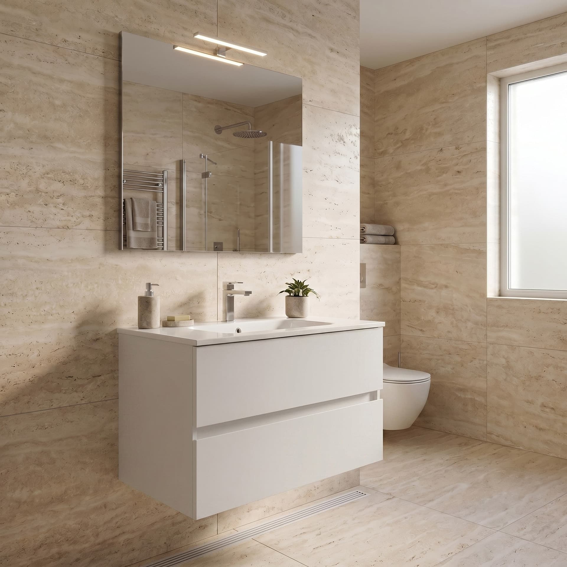 Mobile Bagno sospeso Specchio e Lampada - Bianco 60 80 100 Krea - 3