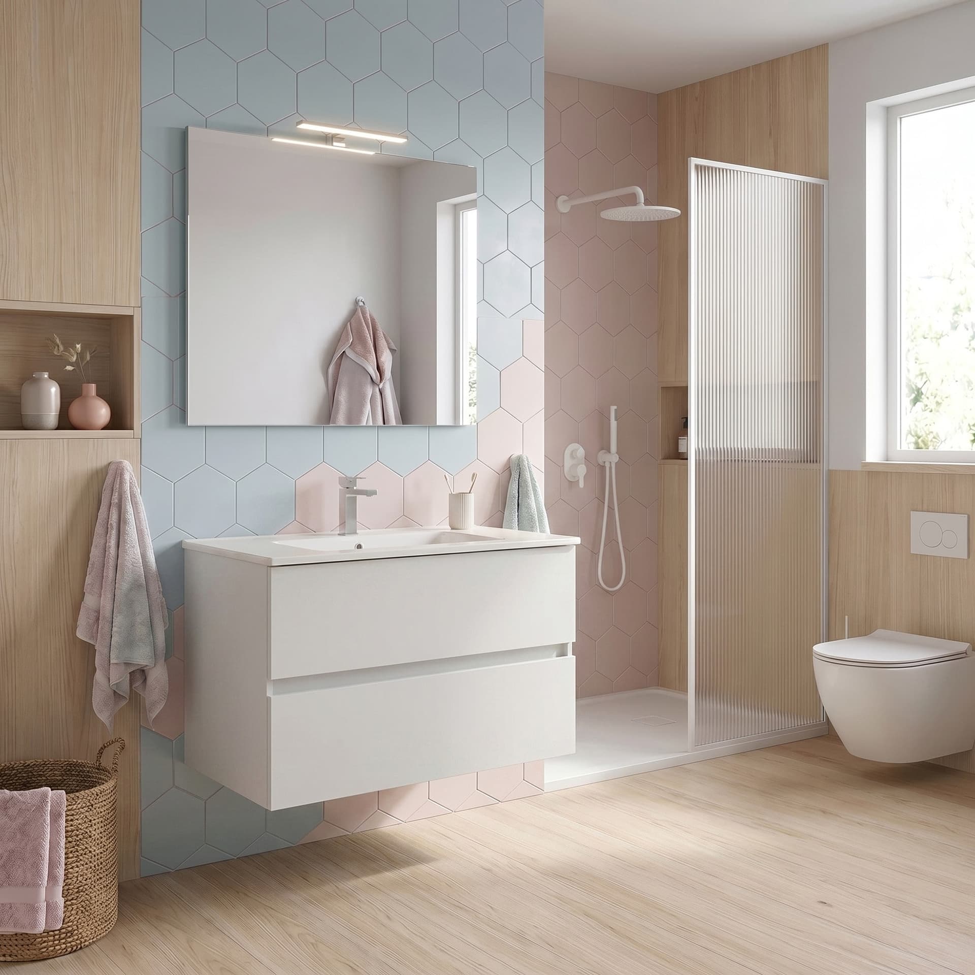 Mobile Bagno sospeso Specchio e Lampada - Bianco 60 80 100 Krea - 5