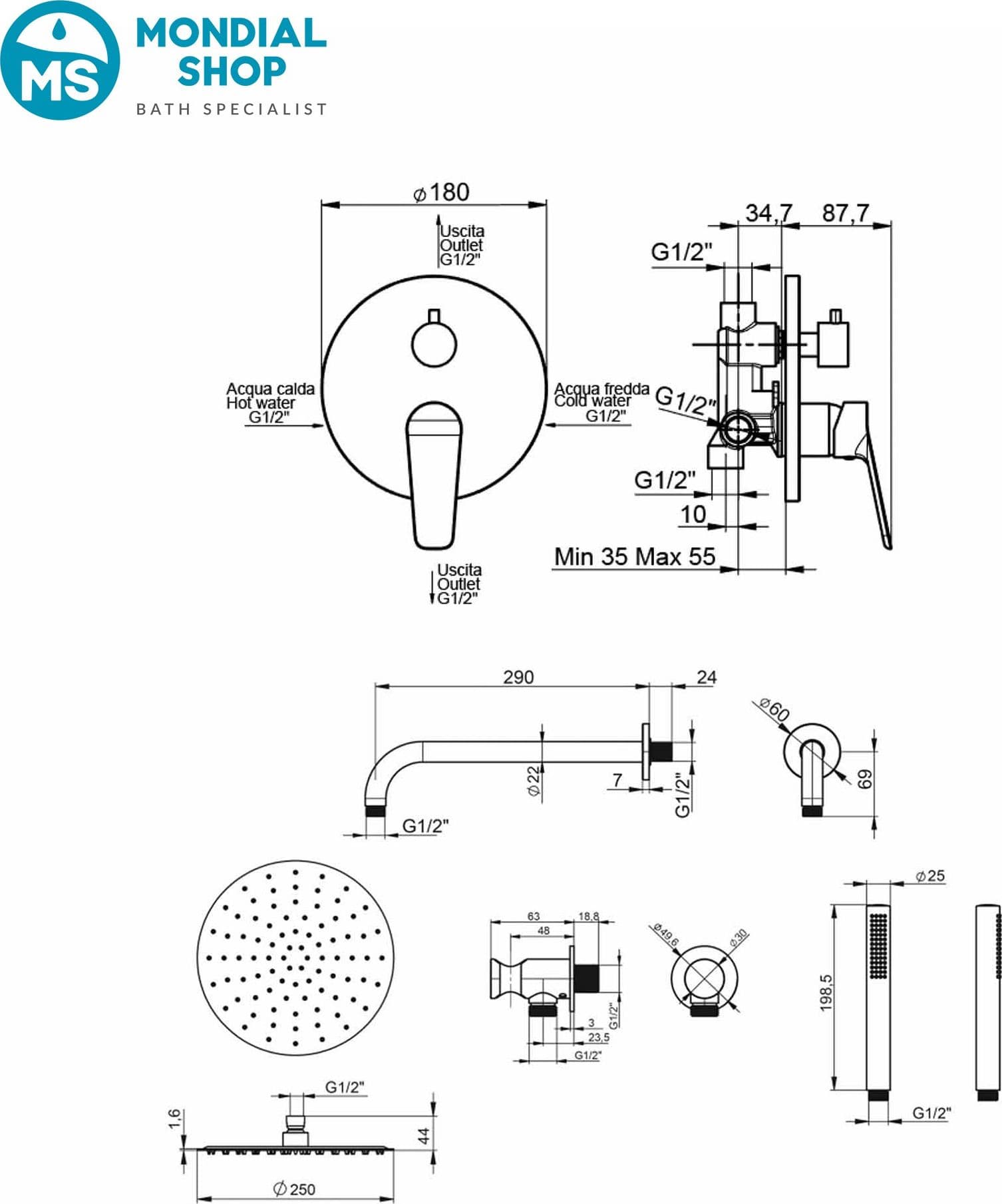 Kit doccia cromato 6pz Braccio di supporto - Soffione Inox 25 - Presa acqua con doccetta - Miscelatore 2 vie - 4