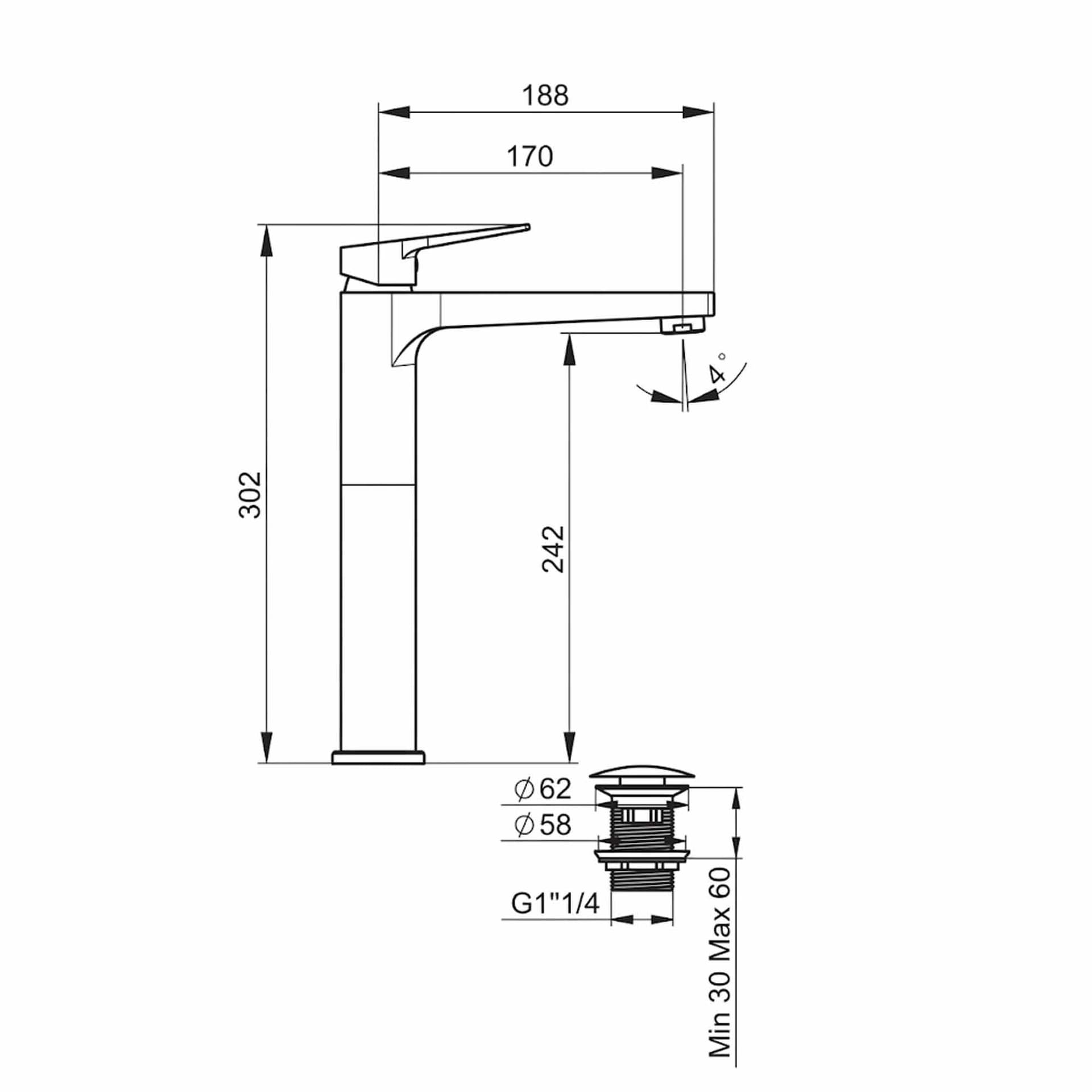 Miscelatore Alto Lavabo Cromato con Piletta Serie MIO - 4
