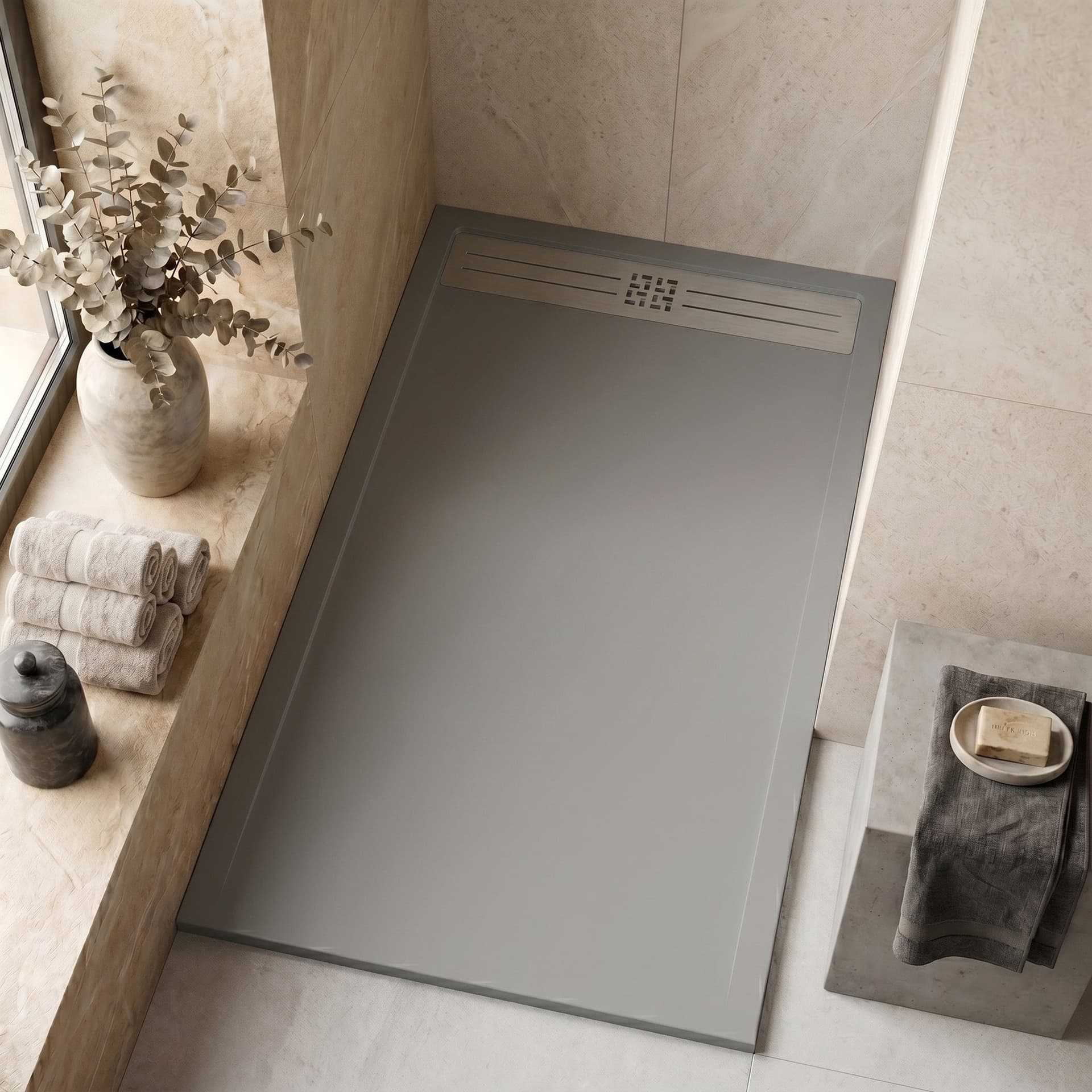 Piatto Doccia NEXUS 3cm in Marmoresina Effetto Pietra Grigio Chiaro con Griglia Inox - 2