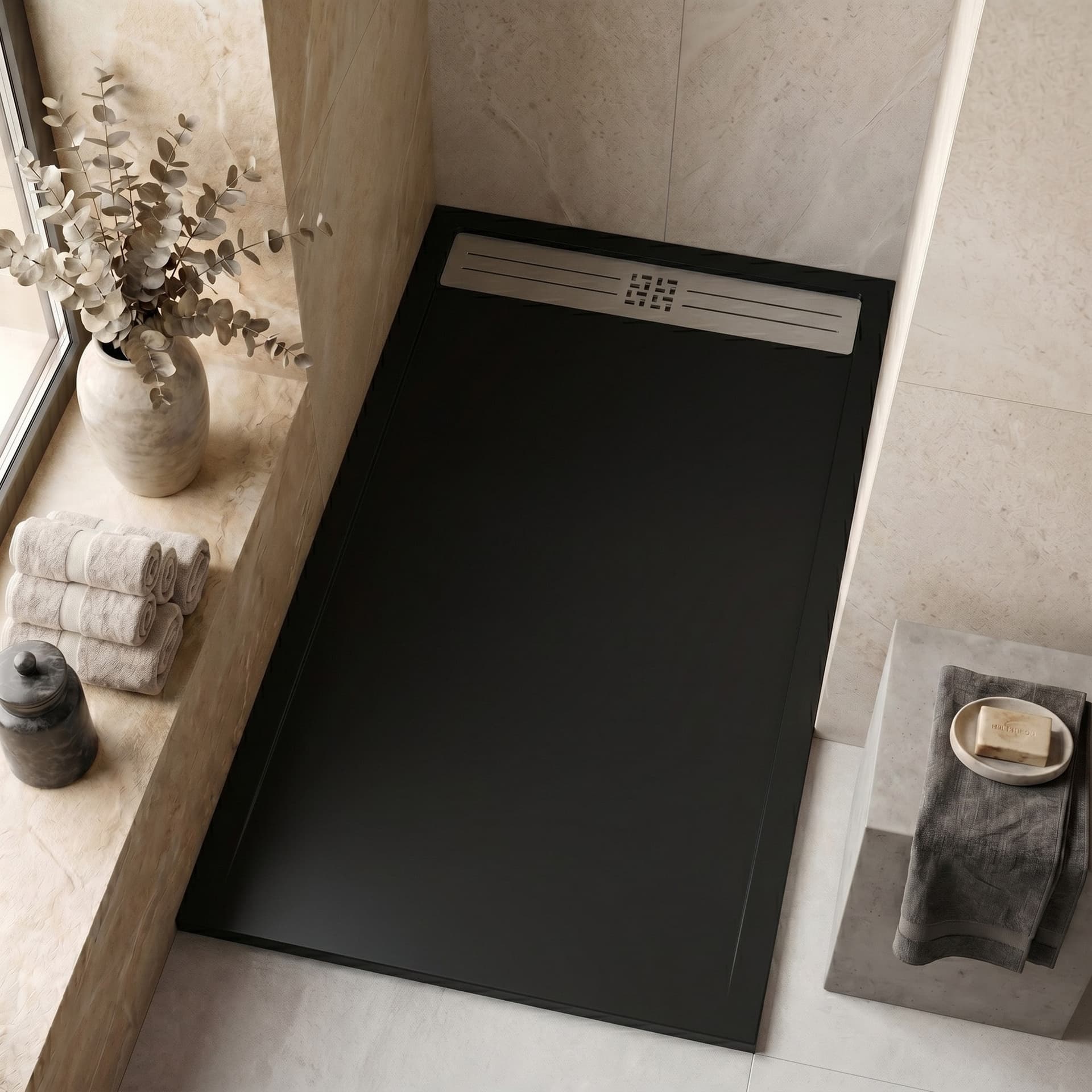 Piatto Doccia NEXUS 3cm in Marmoresina Effetto Pietra Nero con Griglia Inox - 3