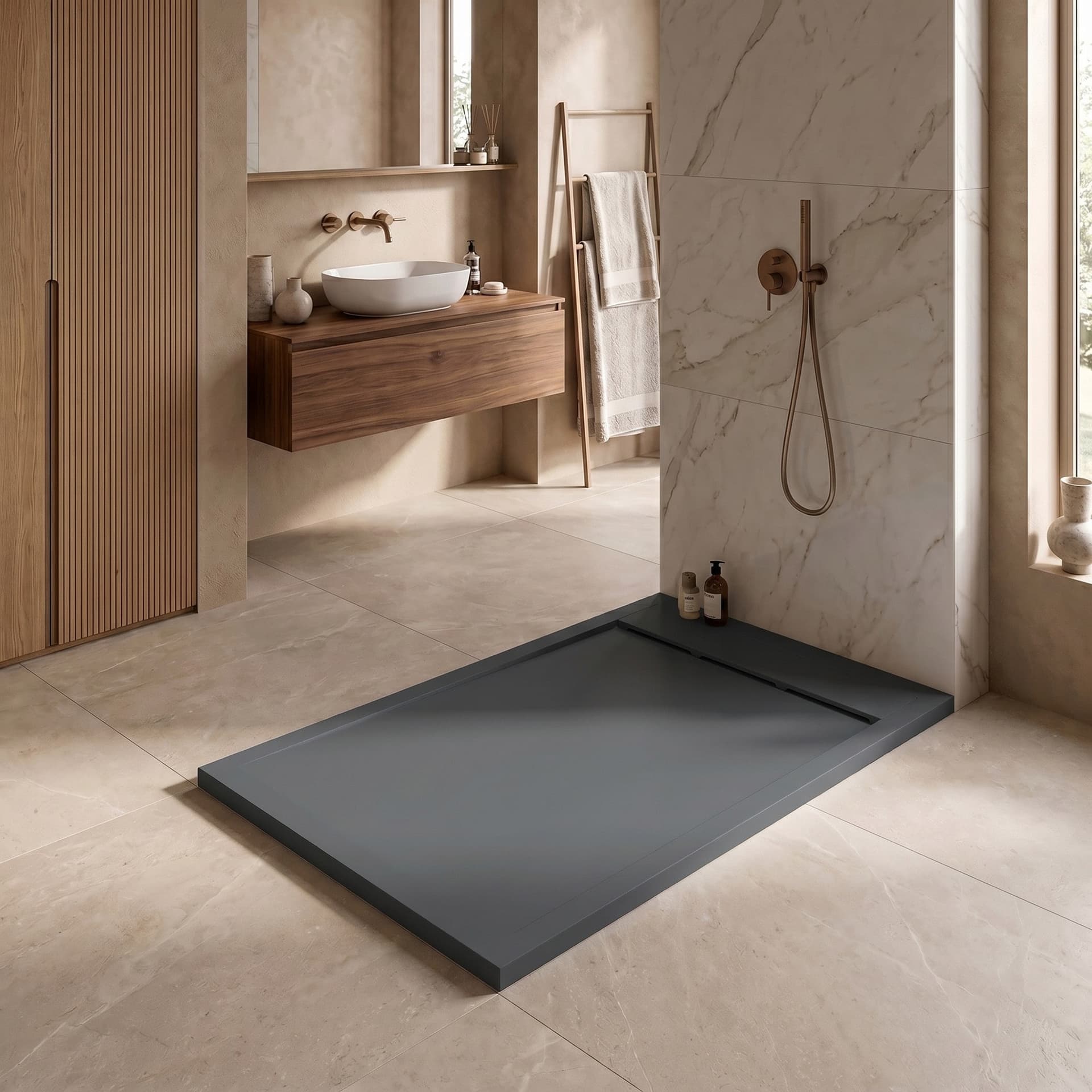 Piatto Doccia MATERIA 3cm in Marmoresina Effetto Pietra Grigio Antracite - Scarico Totale - 3