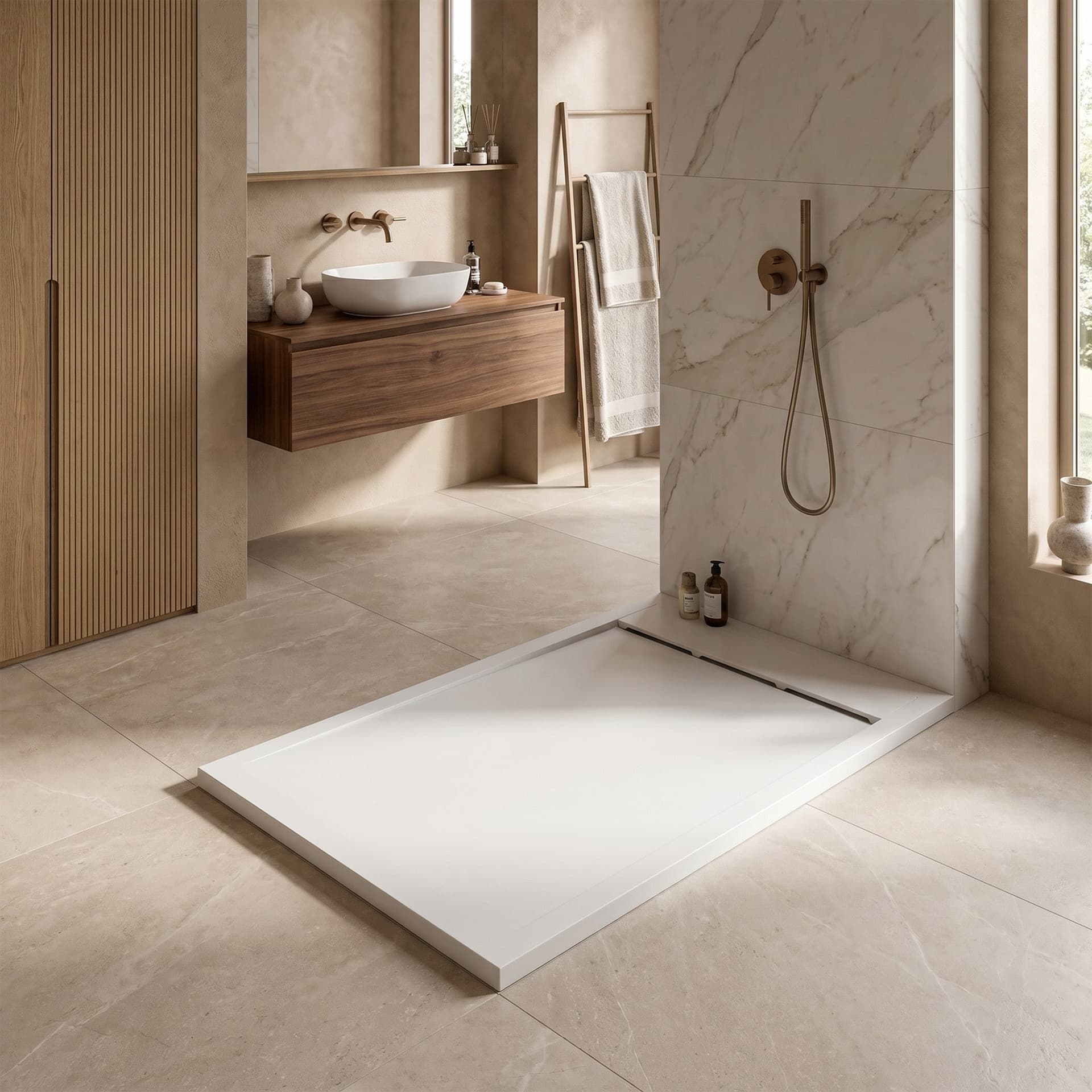 Piatto Doccia MATERIA PRO 3cm in Marmoresina Effetto Pietra Bianco - Scarico Totale - 3