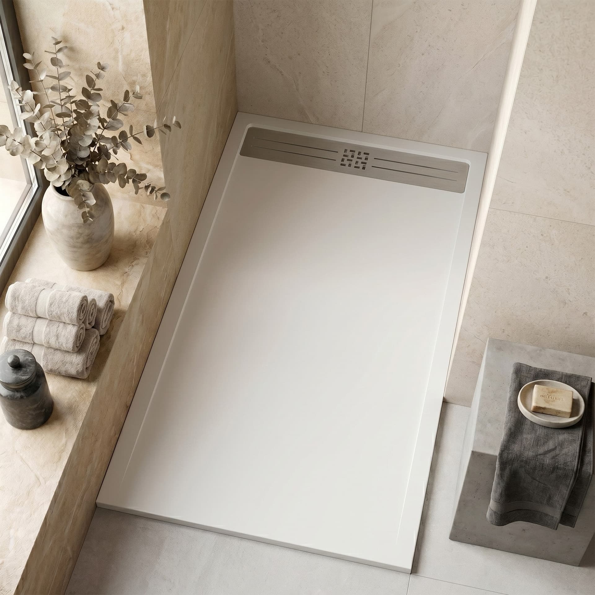 Piatto Doccia NEXUS 3cm in Marmoresina Effetto Pietra Bianco con Griglia Inox - 3