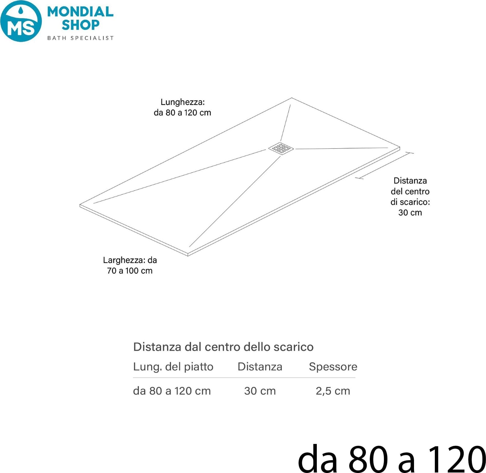 Piatto Doccia KRONOS PRO 3cm Marmoresina Bianco - Griglia Inox e Piletta - 6